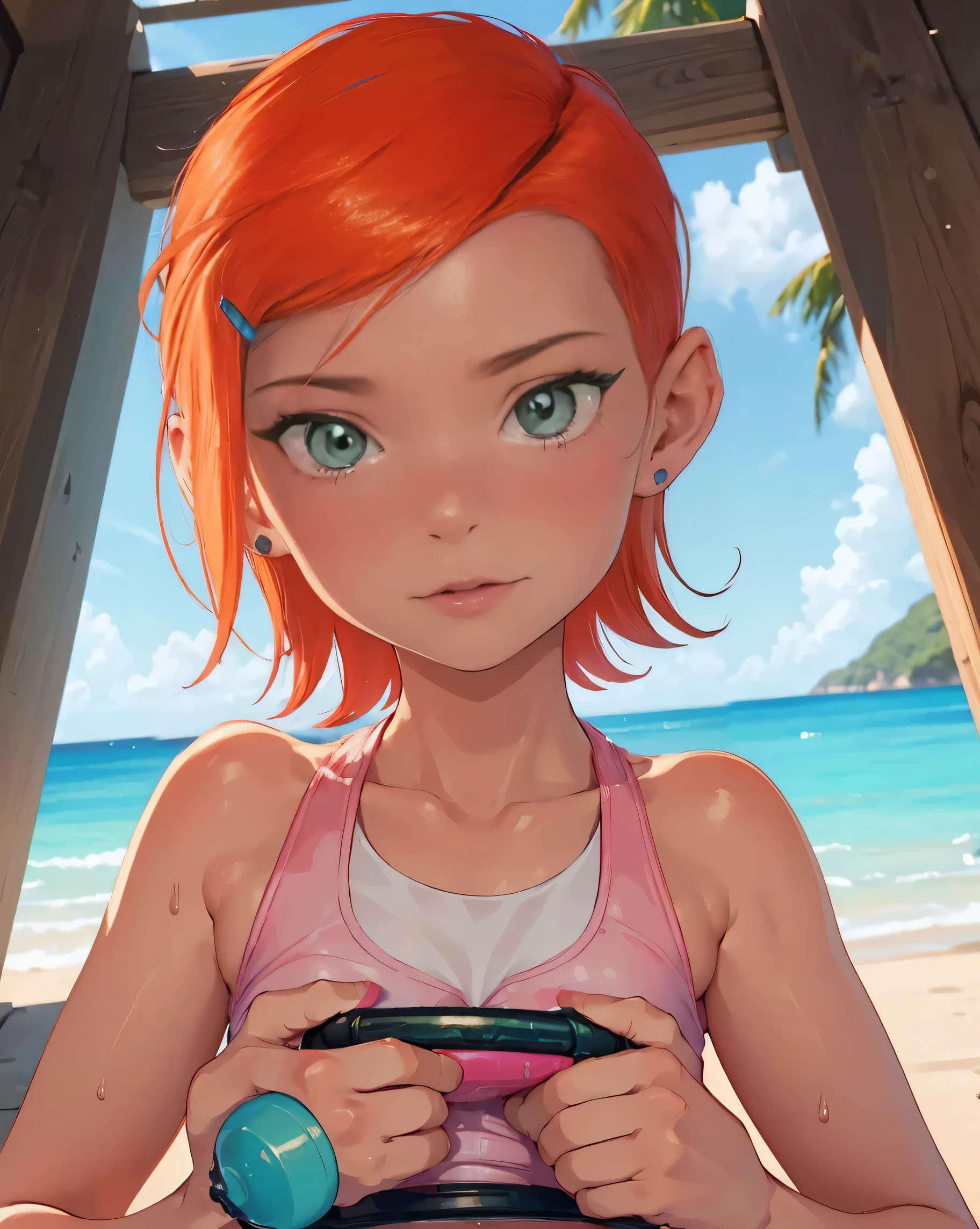 (((MFBP1, is, physical fitness, corpo physical fitness, muscular, pink lipstick))), (( ultra quality , Swimsuit on the side)), gwen tennyson, ((red, extremely short hair , )) (marvelous), Body glitter, wet body, (( beautiful detailed feminine eyes )), (( dark green eyes)), ( beautiful feminine hands ), (( Perfect female figure)), Perfect , hermoso cuerpo femenino, ((Little ones)), (dressed in a bathing suit) below: pool, (( High quality clear image )), ( crisp details ), (( highly detailed )), animated ,riding a dildo, Dildo in me , giving themselves pleasure