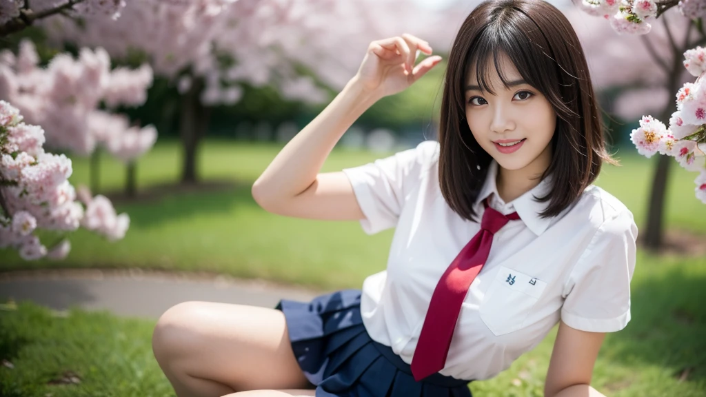 (1 girl:1.2), very cute face, (highly detailed eyes, highly detailed face), Fresh, very beautiful appearance, (surreal, High resolution), (highest quality:1.4), professional photography, (high school uniform, pleated mini skirt:1.2), smile a little, (Cherry blossoms at night, night:1.2), dim light, cherry blossoms, Upper body, focus on the face, shed tears,