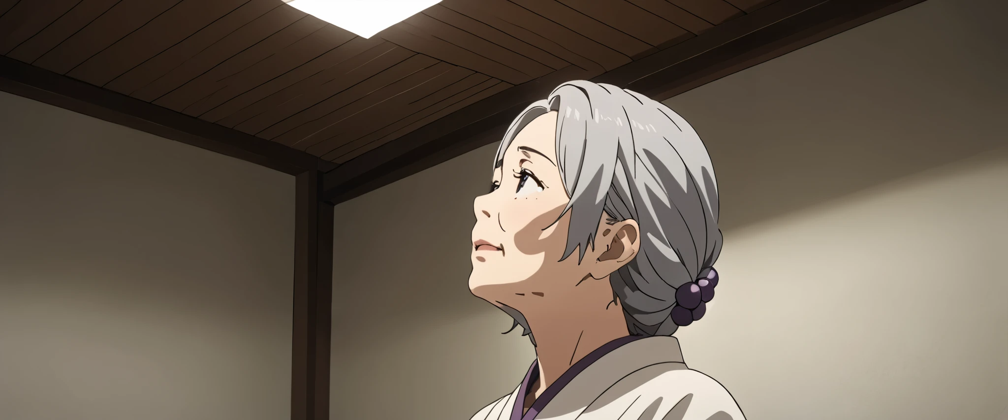 older woman 、 is thin、 short stature 、 white kimono、Prayer beads、 apartment bedroom 、Close your eyes and worry、 real 、 High precision、 dark room、 Looking up at the ceiling