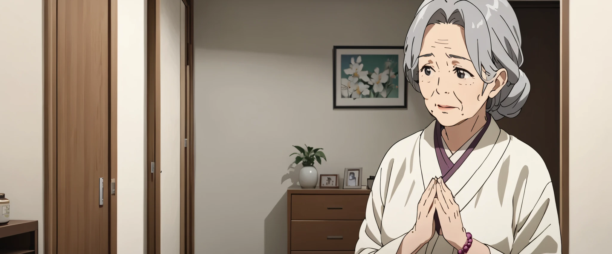 older woman 、 is thin、 Low、 white kimono、Prayer beads、 apartment bedroom 、I'm looking at this and talking、 real 、 High precision