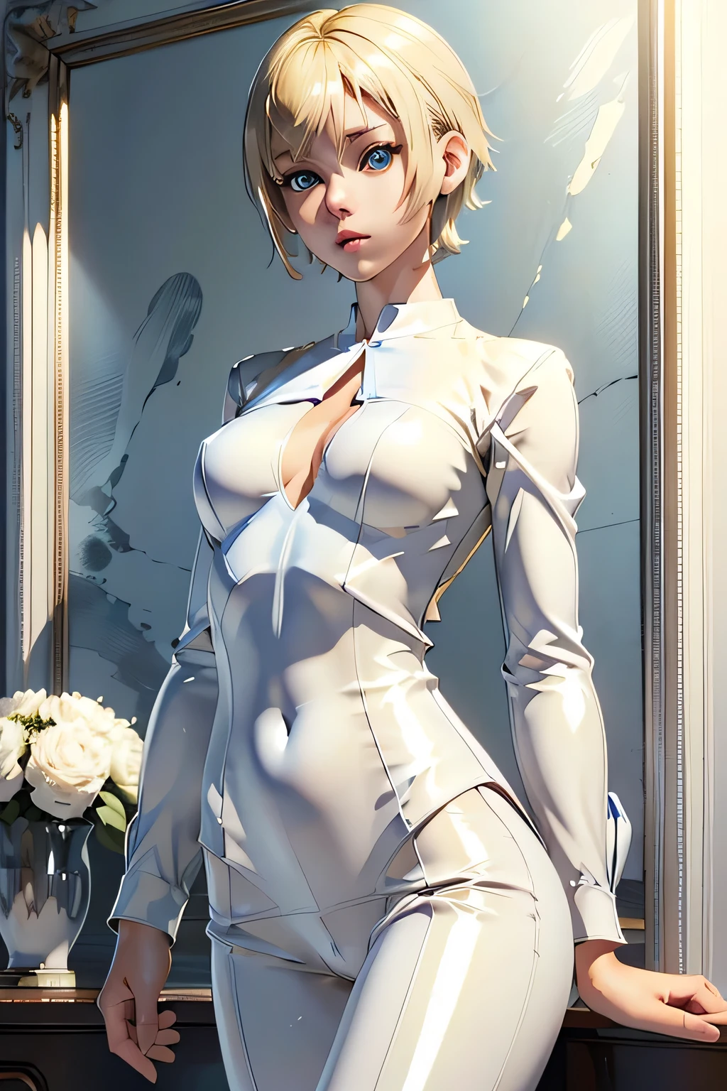 perfect anatomy TOP QUALITY, highest resolution,(((shiny white clothes Shiny Blonde short hair full of pee blue eyes Shiny Skin))) Sherry Birkin