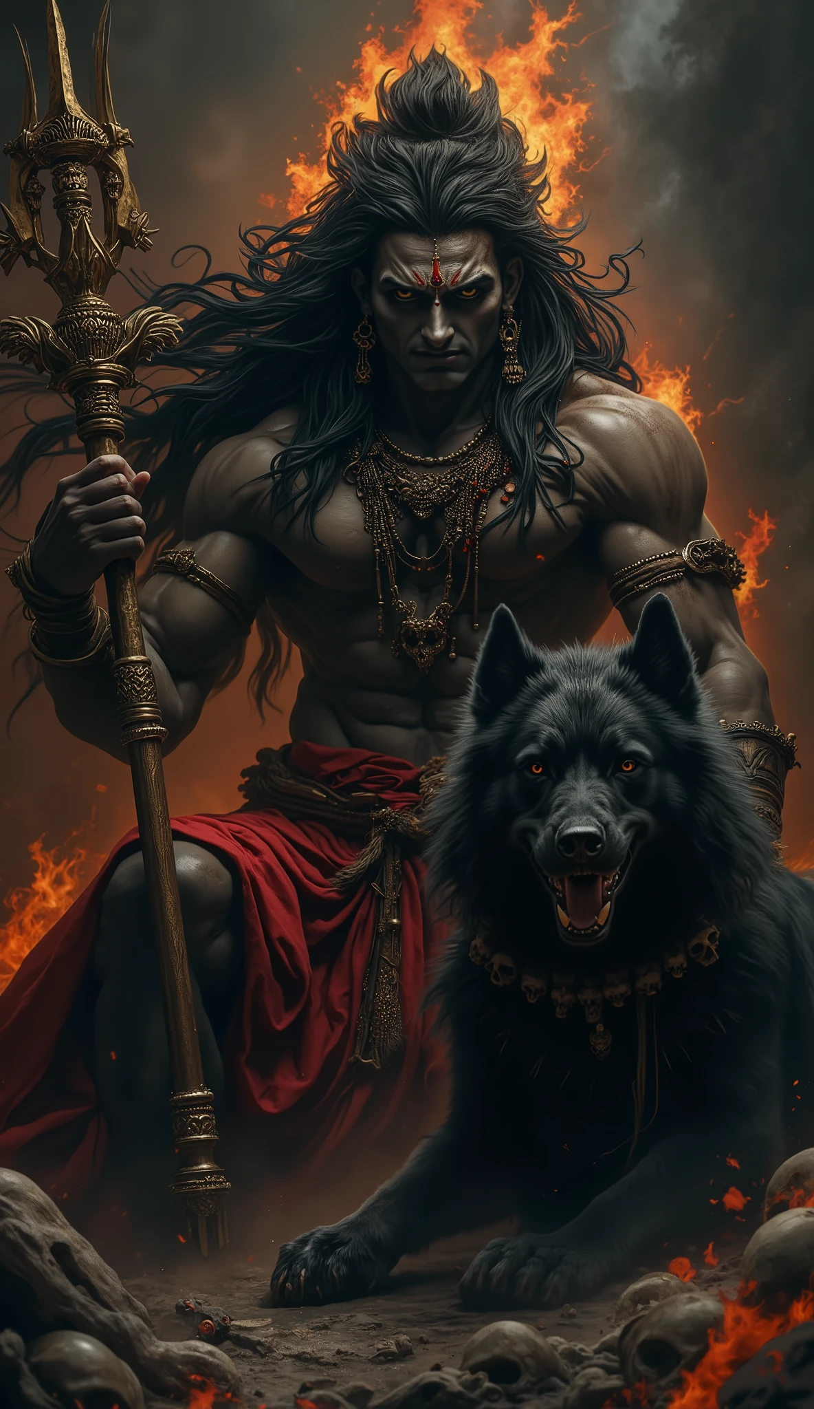 ((Very Tall and big)), hyper detailed and perfect Portrait of Lord Shiva ,very handsome fierce expression,ferocious look, looking at me, head down, (((fierce expression on face))), young, ((long black floating hair, wearing red robes))) ((red robes))) ((perfect skull garland)), holding his trishul((trident)) ((perfect trishul)) , sitting on a rock in a cave with his pet dog (((black ferocious big dog))) cave theme, dark background, dreamy dark environment, dark dreamy atmosphere, fire in bg, smoke in foreground, skulls spreaded here and there ((skulls)) uhd, shot taken by Sony 55 mm lens, with f -1. 2, sharpness -1. 2, 32k resolution, 8k quality, ultra high definition, uhd, niji express, niji mixed realism, perfect shoot,