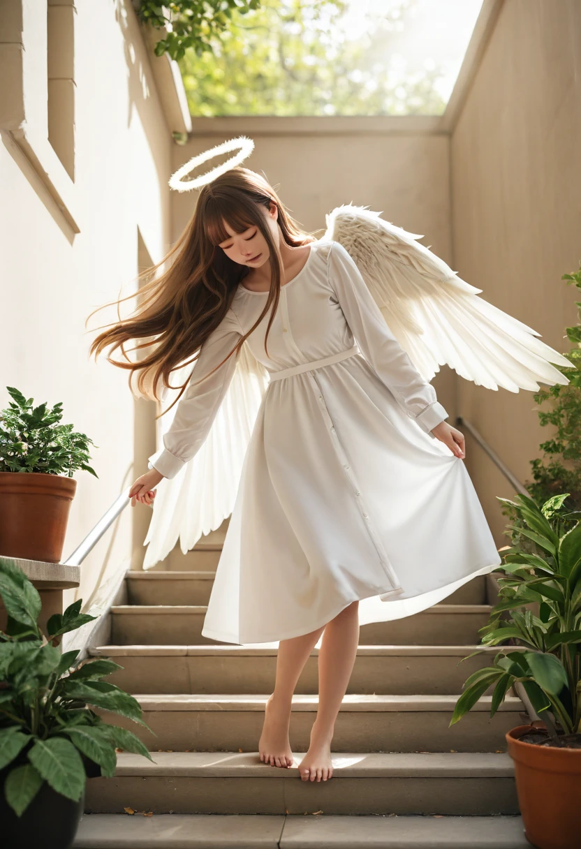 photorealistic, realistic, cosplay, , 1girl, halo, plant, wings, long hair, solo, angel, barefoot, white dress, dress, angel wings, feathered wings, closed eyes, outdoors, white wings, floating hair, brown hair, leaf, potted plant, bangs, stairs, long sleeves, sunlight,