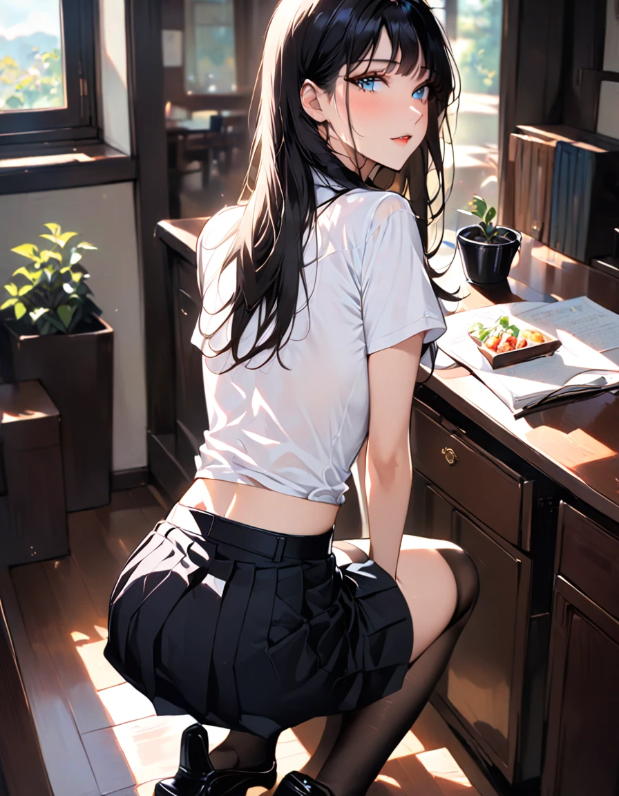 ((obra de arte, mais alta qualidade, high resolution, Ultra HD, pixel perfeito, Profundidade dos limites escritos, 4K, rtx, HDR))), 1 garota, solteiro, sozinho, Linda garota de anime, belo estilo de arte, personagem de anime, ((Cabelo longo, franja separada, cabelo loiro)), (olhos verdes:1.4, Olhos redondos, Beautiful eyelashes, realista eyes), (rosto detalhado, corar:1.2), (Textura suave:0.75, realista texture:0.65, realista:1.1, estilo CG de anime), ((medium breasts)),, corpo perfeito, (gravata borboleta vermelha, , Jaqueta preta, jaqueta aberta, brown cardigan, camisa branca), ((Saia preta:1.5, saia xadrez)), ((sorriso)), ((inclinando-se para frente, put your hands behind your back)),erotic face、calcinha rosa、Low - Angle、view from behind
