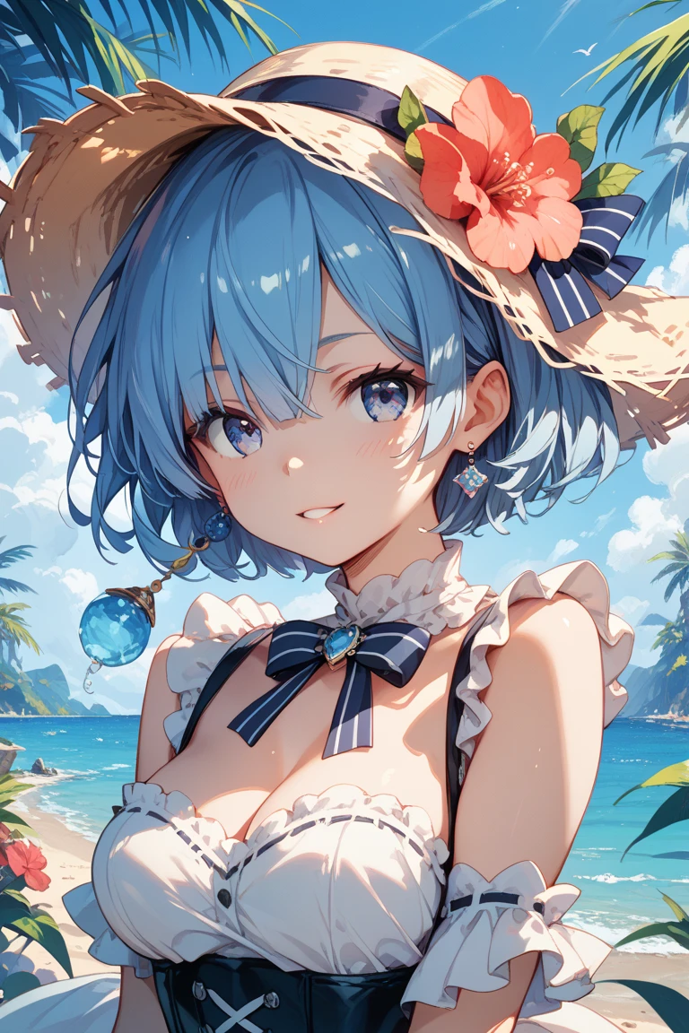 rezeroRem, Rem, blue eyes, Blue Hair, hair ornaments, Hair on one eye, hair ribbon, short hair, x hair ornaments,Straw hat,,happy smile, smile, Open your mouth,blush,Bikini Swimwear,barefoot,Oversized one-shoulder t-shirt,Wet clothes,Wet Skin,Walking,whole bodyがイラストに入るように,
break outdoors, Beach,Sandy Beach,
break looking at viewer, whole body,
break (masterpiece:1.2), Highest quality, High resolution, unity 8k wallpaper, (figure:0.8), (Beautiful attention to detail:1.6), extRemely detailed face, Perfect lighting, extRemely detailed CG, (Perfect hands, Perfect Anatomy),