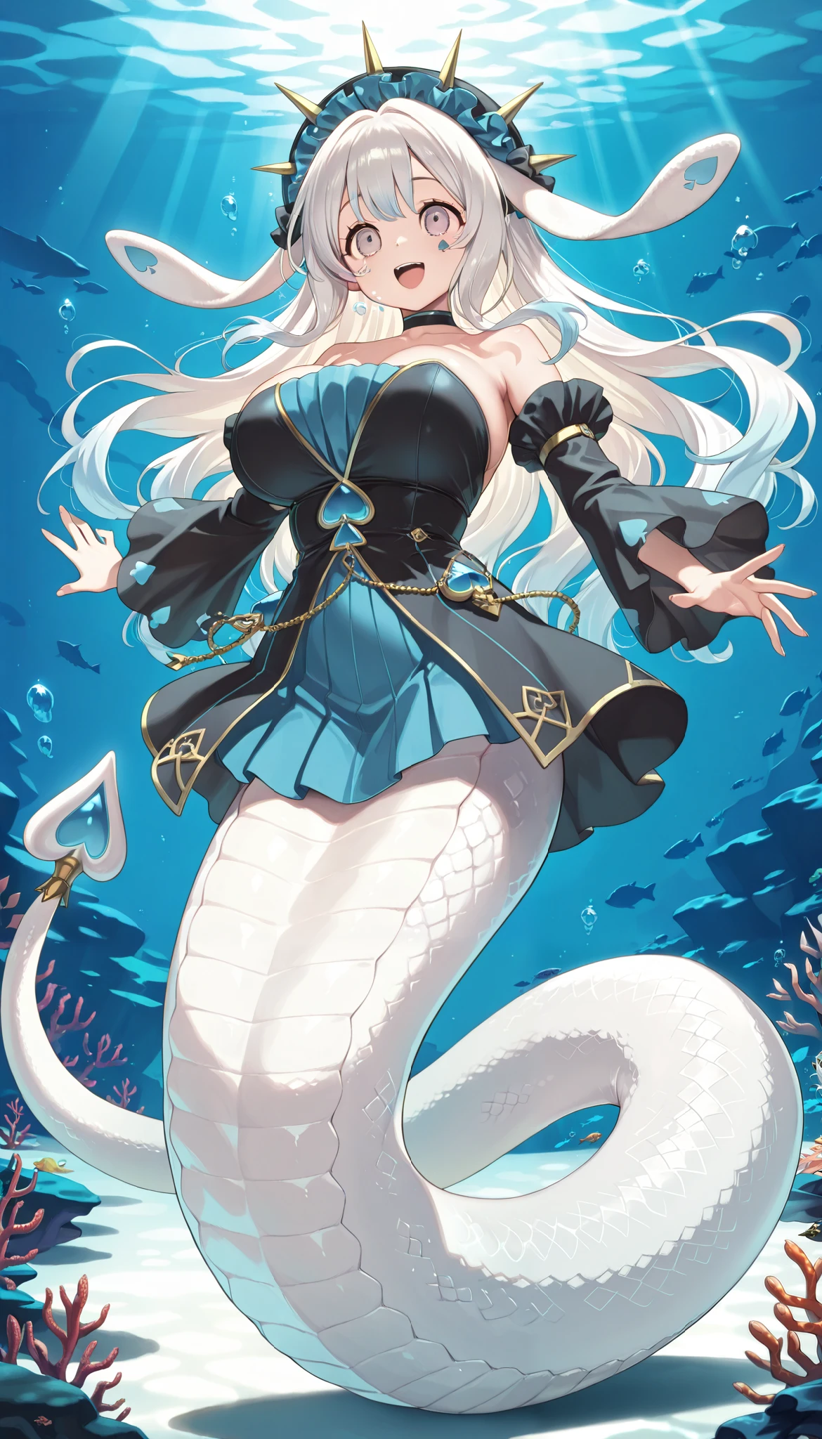 1 Girl, Big Breasts ,( full five fingers),malice pawn march hare, blue spades facial mark, alone,Black detachable sleeves, black off-the-shoulder dress, Smile, open mouth ,(Underwater:1.2),Full body picture, masterpiece,best quality,amazing quality,is very beautiful,Ridiculous, lamia,white snake girl tail