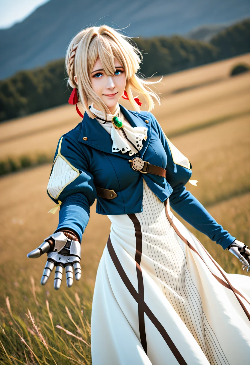 photorealistic, realistic, cosplay, , violet evergarden, braid, hair ribbon, red ribbon, jewelry, white ascot, brooch, blue jacket, long sleeves, mechanical hands, white dress, long dress, reaching out, outstretched arm, wind, smile, standing, cowboy shot, outdoors, looking at viewer,cinematic, dutch angle