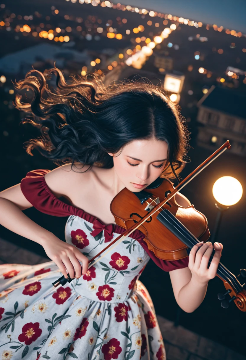 photorealistic, realistic, cosplay, 1girl, solo, long black hair, wavy hair, red Off-shoulder Gothic floral dress, closed mouth, closed eyes, sleeveless, lips, instrument, nose, music, holding instrument, playing instrument, violin, bow \(music\), holding violin, outdoors,sky, wind, Wide Shot, From Above,From Above, gloomy, with the main tone being violet red. City Lights Lighting,meteors shower, masterpiece,best quality,amazing quality,very aesthetic,absurdres,newest
