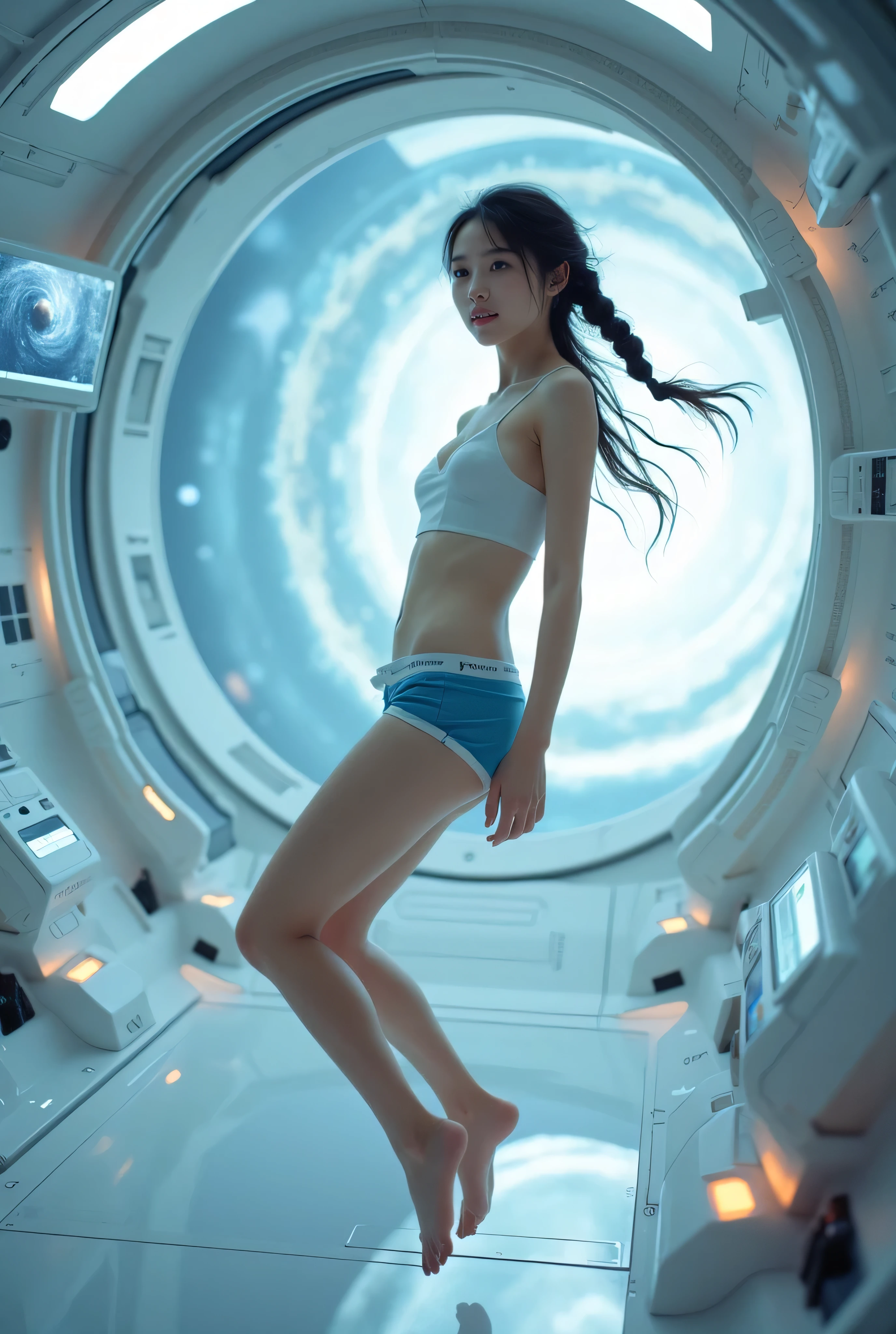 28 years old Italian woman, ((full body, slender)), ((nude)), ((heavily armored space commander)), beautiful chest, standing with her legs spread apart, in her huge space ship at deep space far from the galaxy, no planet and no moon around there, milky way outside of the ship, zoom in from below