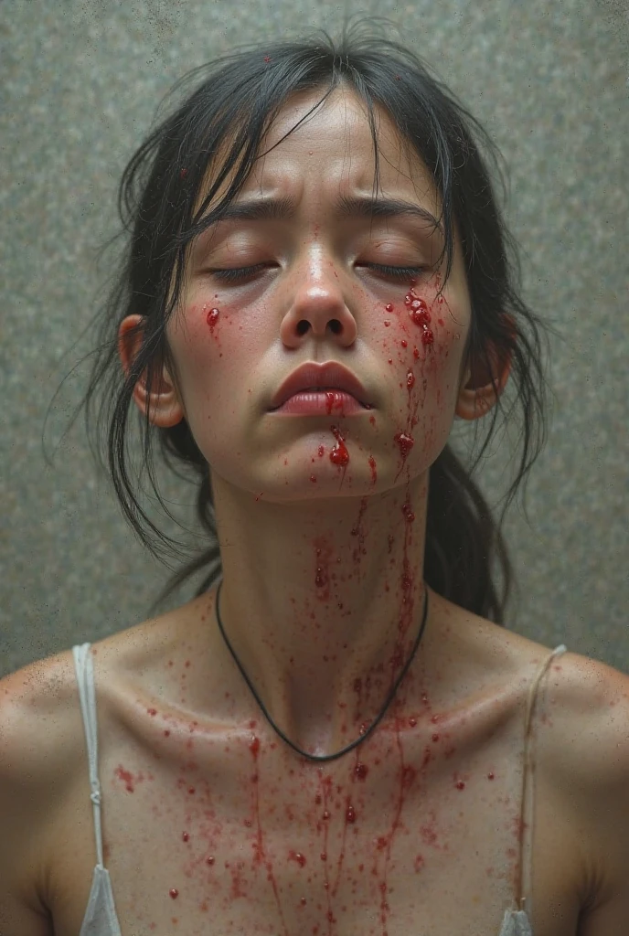 Human head being traded in a traditional market, on a top of table, human trafficking, bleeding, woman's head, open mouth, ((eyes closed)), bleeding, photorealistic, 4K, Nikon, horror, public market backgound, beautiful asian face, Crazy, horror, 17-year-old man, naked with an apron full of blood, is behind a seated, bloody  woman. The man has a machete, 