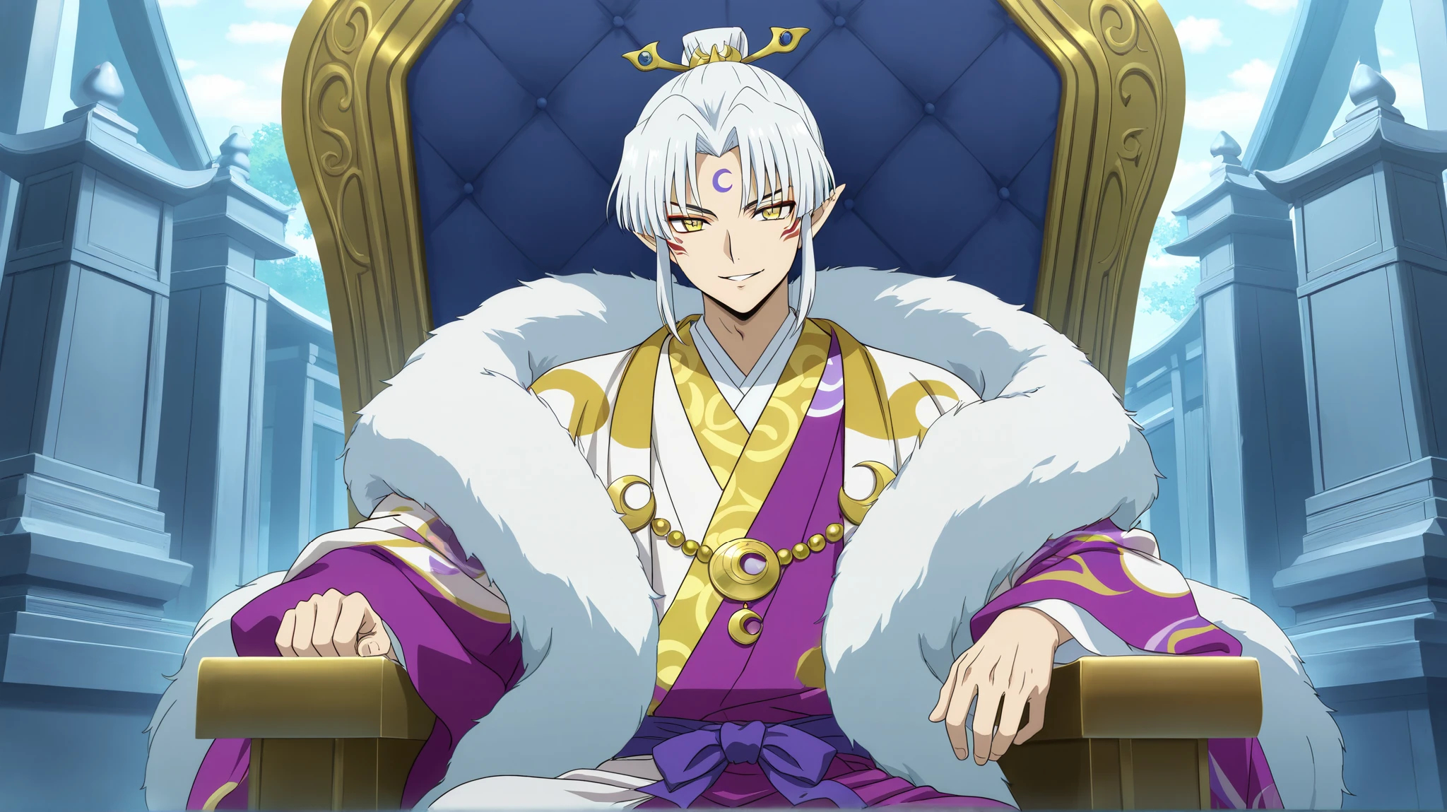 general,highres, ultra-detailed,very aesthetic,best quality ,best hands, BREAK Sesshomaru_no_Haha,pointy ears, japanese clothes, 1boy,solo, male focus,handsom boy, facial mark, kimono, white hair, ((short hair)),
yellow eyes, forehead mark, crescent, necklace, fur, jewelry, fur trim, anime coloring, hair ornament, wide sleeves,
throne, throne, sitting,fearless smile,