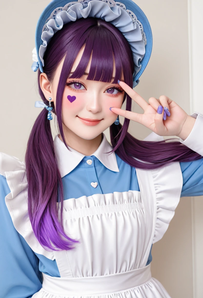 photorealistic, realistic, cosplay, 1girl, heart facial mark, v over eye, nail polish, looking at viewer, purple eyes, purple nails, closed mouth, purple hair, blush, upper body, smile, maid apron, maid headdress, collared dress, white apron, twintails, blunt bangs, jewelry, blue dress, earrings, bonnet, multicolored hair, blue nails, sidelocks, blue headwear, hand up, fingernails