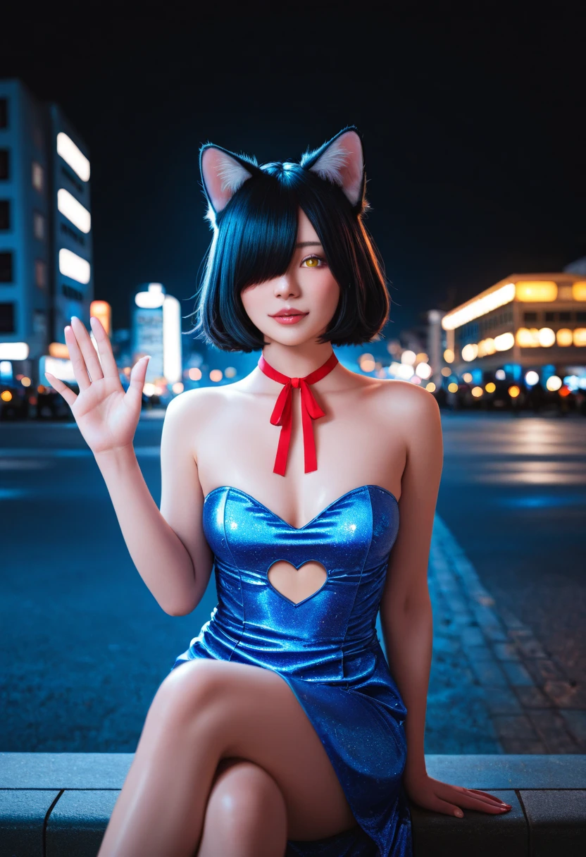 ((photorealistic, realistic, cosplay)), 1girl, waving hand, sitting, crossed legs, heart_cutout, solo, detailed lips, cat girl, (cat ears), short hair, black hair, hair over one eyes, golden eyes, blue strapless dress, stylish,colorful, blue themed, photo background,night,dark theme,city, ribbon, red ribbon, masterpiece, best quality, amazing quality, very aesthetic, absurdres.