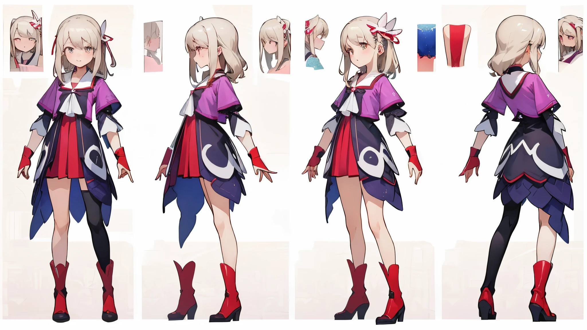 (((Best Quality))) , ((full body)), female, multiple views, white background, variety of hairstyles, holding weapon, high leg,