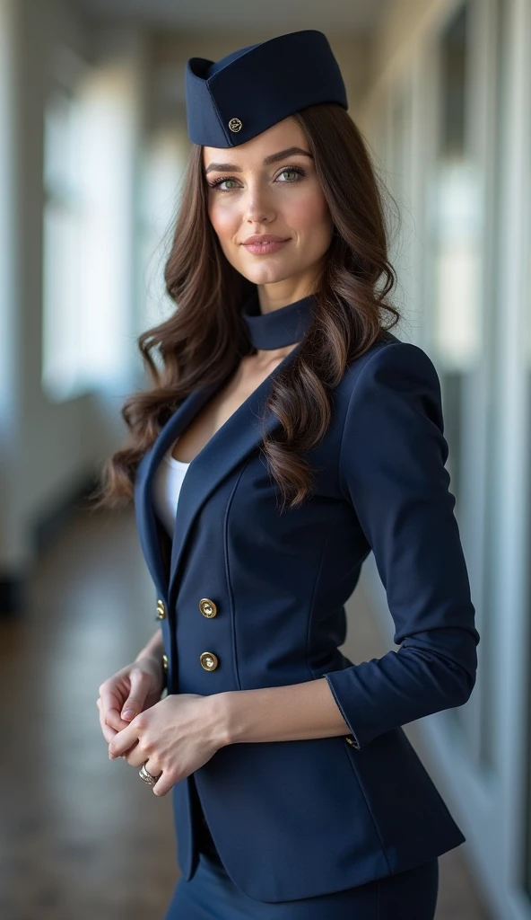 Create an image of a beautiful American woman in her 20s or 30s. She has long, flowing hair and is wearing a office suits. Her body is glamorous with large breasts and a big butt. She has a smiling.The whole body is shown.