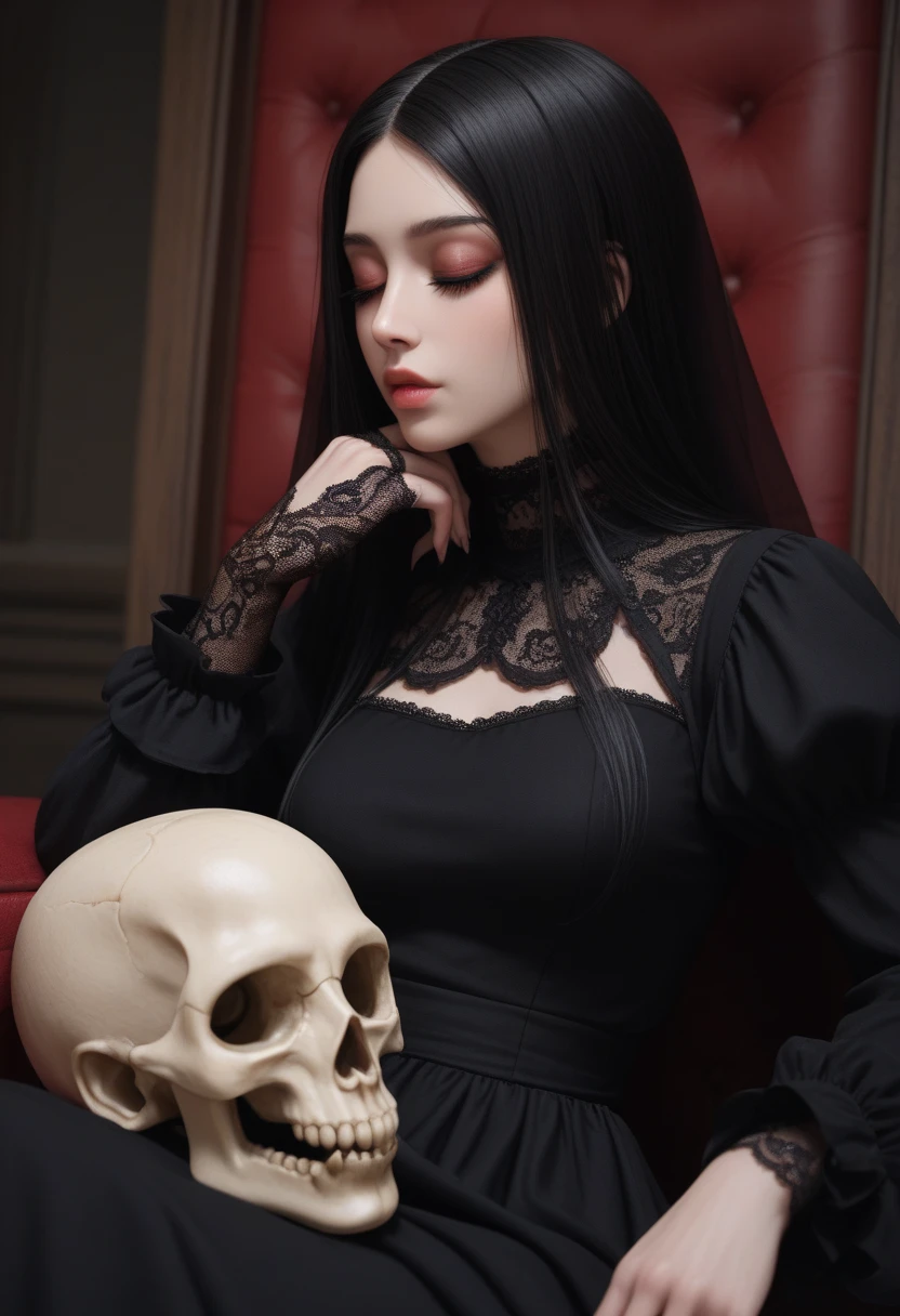 Dark,look close corner face camera , a woman sofia Steinberg face, short hair with bangs pale white skinned wearing Black shirt blackmetal, pose sit in Wooden chairs, room blackmetal, look above camera , in room blackmetal style steinberg model blackmetal , sad depression funiture skulls swords flowers black Roses poster sticker band mortuary blackmetal background, digital painting, highly detailed, 3D animation, black roses, hold cat big