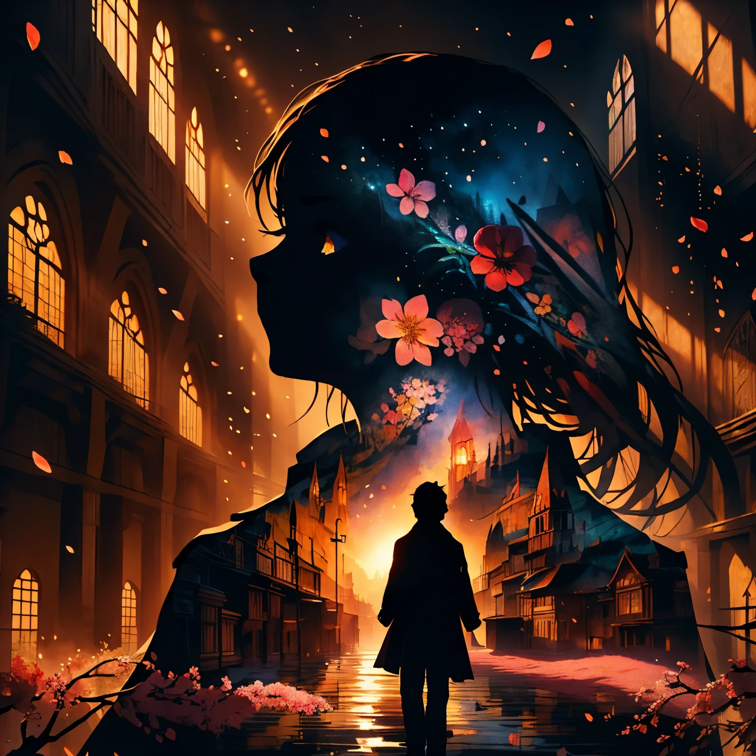 (TOP QUALITY,8k,high definition, masterpiece:1.2), ( silhouette art),超high definition, high definition, 超high definition, studio lighting , Super Fine Paintings , sharp concentration, physically-based rendering, extreme detailed description , Professional, bright colors, Bokeh, portrait, Concept Artist , warm palette, dramatic lighting, man in a black trench coat staring at the pyramid , extreme detailed explanation of , Church wedding, flower shower , Sunny weather, Church sunshine , flower petals dancing in the wind , Cherry Tree, rear view,