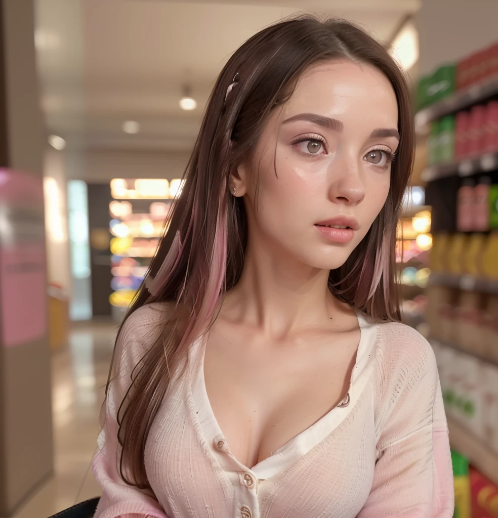 a blonde woman, long pink and purple hair, at the mall, Realistic selfie
