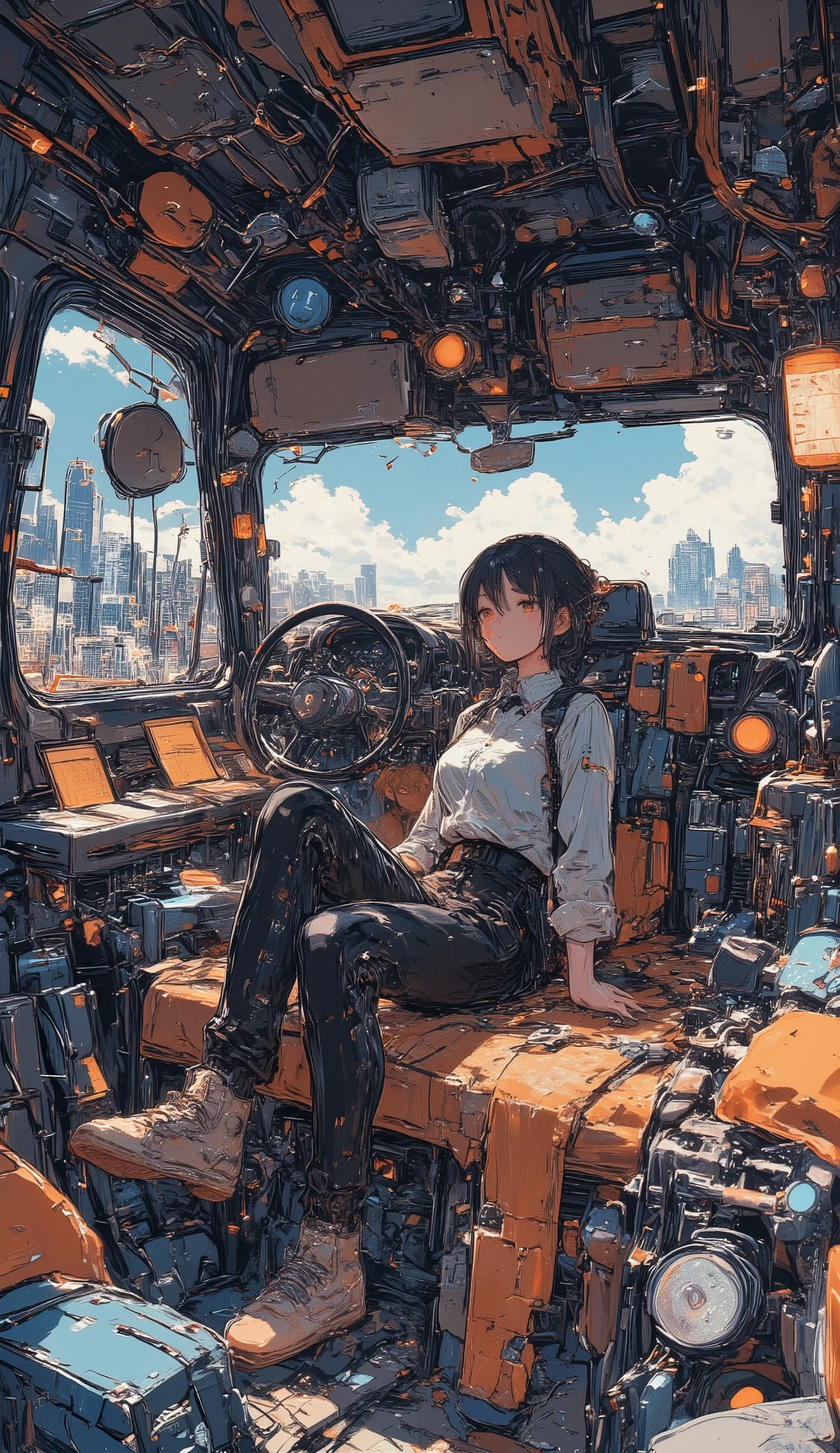 anime characters sit in a car with lots of luggage, Anime Mecha Aesthetics , Kantai Collection Arcade, Mechanical Aesthetics, 80s anime atmosphere , アールデコアウトランAnime aesthetics , Fleet Collection Style , 9 0 s Anime aesthetics, Game Aesthetics, Gamer aesthetic, Anime aesthetics, digital cyberpunk - anime art, 80s anime style