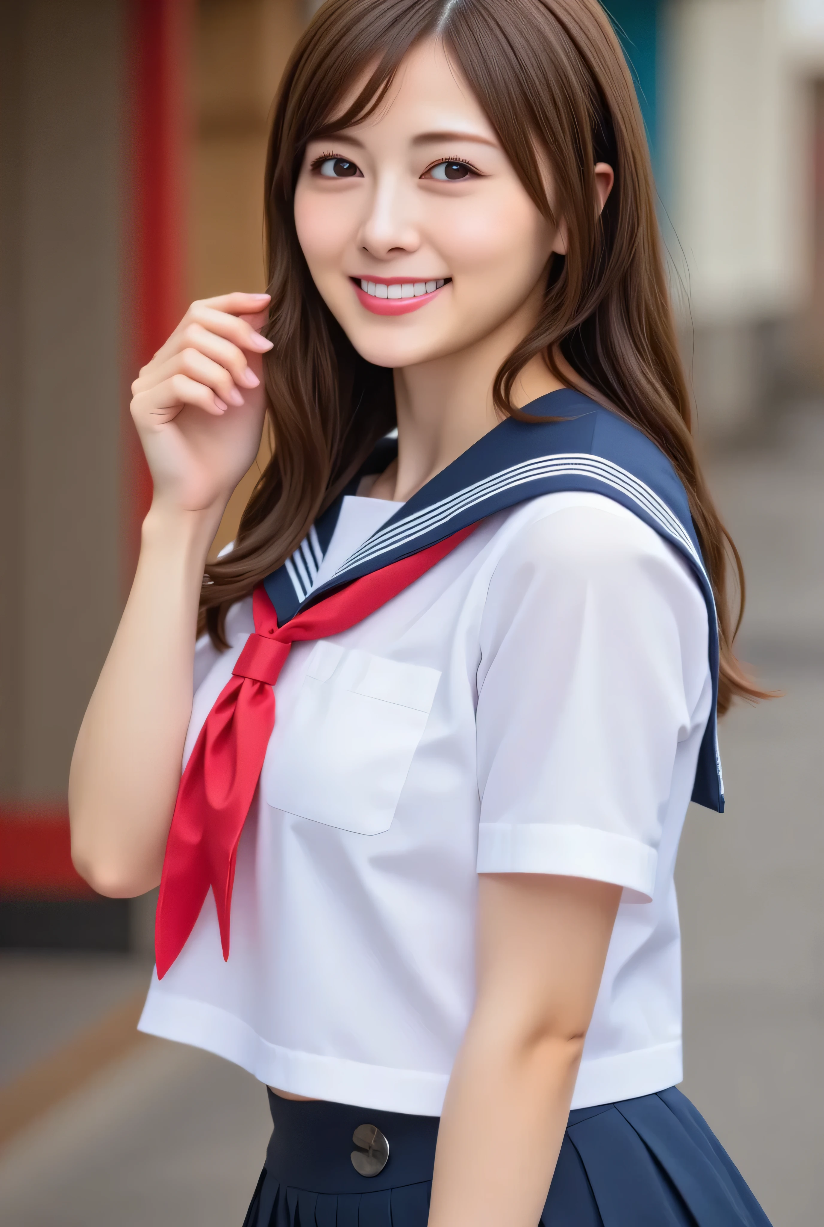 4K,Masterpiece,Top Quality, Detailed Description ,Photorealistic, Natural Light, One Girl, Dark Straight Hair, Smiling Face, Sailor Suit,,(looking,for viewer)).live action , Genuine, cute young girl , beautiful reflective eyes , beautiful detailed lips , Very delicate eyes and face , long lashes, sensual expression, (8K HDR), super detailed texture , Nogizaka face variations, professional photography, light smile, {(View from directly above)| No comics }.simple background,face focus,close up,Japanese women, smiling, detailed expression,Japanese Actress High Resolution Photo, 8k, RAW Photo, (Top Quality, Masterpiece), (Realistic, photo-realistic:1.2), intricate details, sharp focus, cinematic lighting, portrait, solo, graceful woman, beautiful face, detailed face, seductive detailed eyes, sophisticated nose, pale skin, looking at camera, sexy pose and sensual expression for gravure photography, detail hand , fine fingers, perfect hand, outdoors, downtown, empty alleyway,