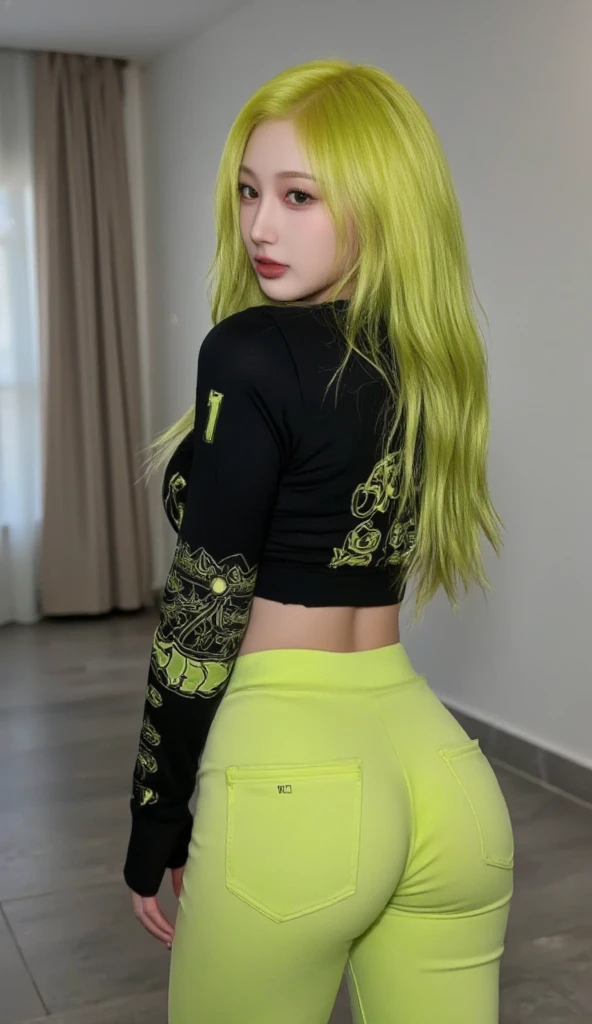 photorealistic fullbody photo woman , light blue eyes , blonde-black balayage hair, long straight hair,
 huge pin up eyelines, high quality, full orange t-shirt, pale skin,
  colorful tattoo sleeves