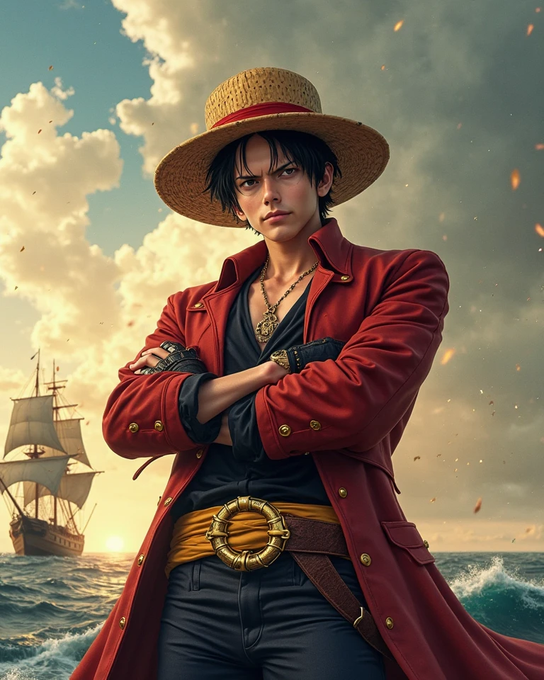Pirate boy wearing red clothes and straw hat