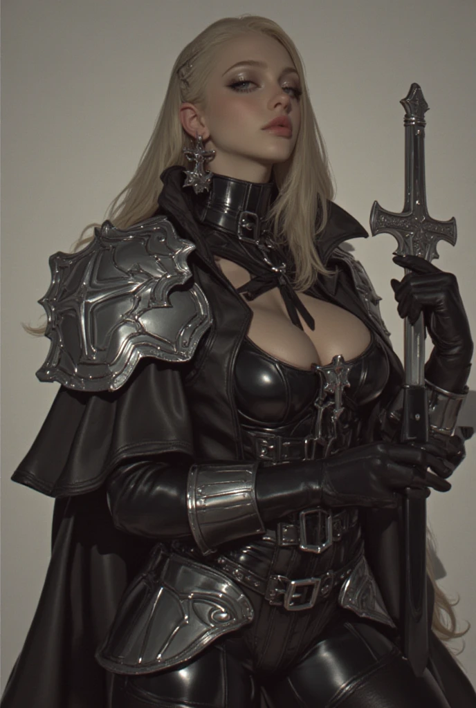 ((best quality: 1.5)) ((masterpiece: 0.8)), intricate details, sharp focus, professional, photorealistic, real life, realistic representation of the face, ((((solo, 1girl), ((albino) warm expression, crimson lipstick, (medieval church))))), bright glow, pose, gorgeous perfect face, in the style of realistic and hyper detailed renderings, zbrush, hyper realistic oil, contoured shading, solo, BREAK; BREAK (((smirking, ((dark eye makeup), long ginger hair)))), ((fujicolor)), BREAK (((((((matte black armor, ((halberd, battle axe)))), tiara)), hyperrealistic, ((underboob))))), BREAK (((breast size: 0.8)))