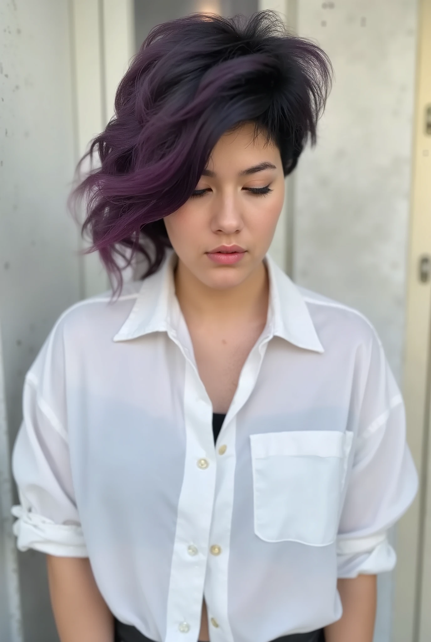 a beautiful young girl in a white man's shirt on the background of a concrete wall