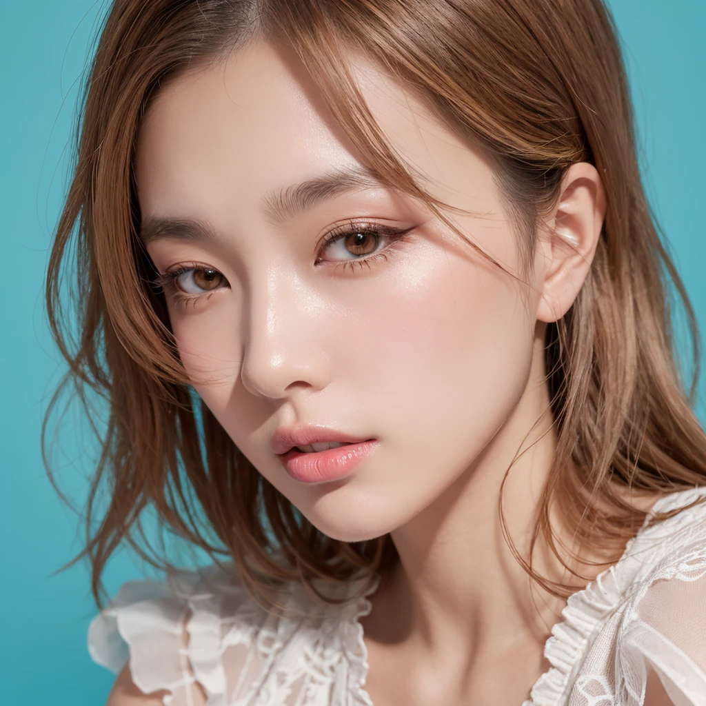 1 Girl,Beautifully detailed face:1.3、 ((very small flat chest:1.7))、(A sheer camisole with a loose fit around the chest:1.7), ((Putting on makeup:1.6))、Pink Eyeshadow:1.6、((Looking into the camera:1.3))、Very beautiful Japanese idol portraits,
(RAW Photos, Highest quality), (Realistic, Realistic:1.4), (masterpiece),
Very delicate and beautiful, Very detailed, 2k wallpaper, wonderful, finely, Very detailed CG Unity 8K 壁紙, Very detailed, High resolution, Soft Light,
Beautiful detailed girl, Very detailed目と顔, Beautiful and sophisticated nose, Big beautiful eyes, Cinema Lighting,
(Simple and solid background:1.3),
(Blonde medium hair:1.5), (Parted bangs),
Complete Anatomy, Slender body,Very small breasts, Sensual look