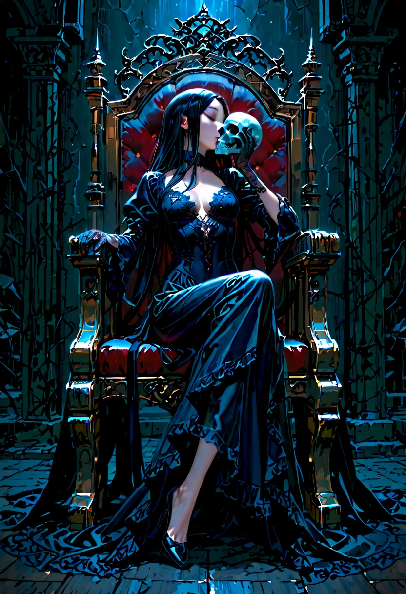 
A sexy evil queen sitting on a throne has a hitman leaning reverently in front of her in the background a room with both gothic and steampunk elements