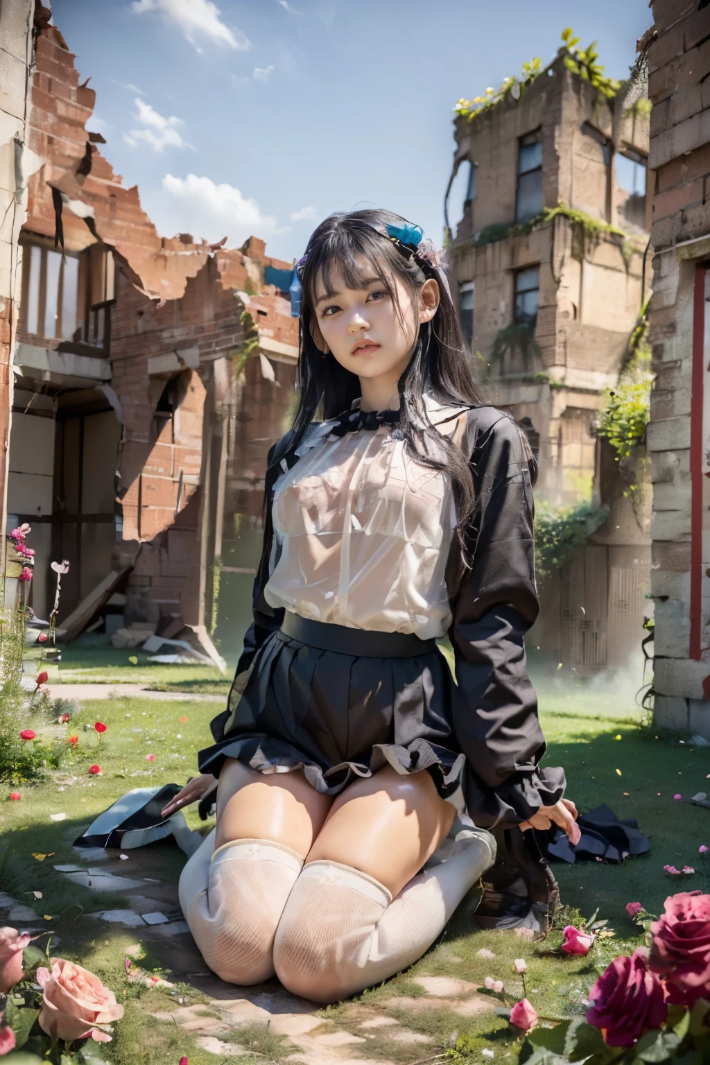 (TOP QUALITY,8K quality,masterpiece:1.3),( Ultra A High Resolution ,Photorealistic:1.4, unprocessed photo),(Super Detail,Caustics,detailed background),(super realistic capture,  beautiful and detailed skin  , perfect human body),Japanese Young girl,  erotic body, Extraneous taste, dynamic, martial arts posing, In clear weather,Twilight Sky, ((Ruins, ruins,  Rose庭園)), cute,((Crow,  Rose, 舞い上がる Roseの花弁)), (( black hair, oversized long sleeve blouse,  ruffle skirt that will break your thighs, knee-high socks, Cane)) looking at the camera, dynamic,natural soft light, Strong winds, (from below:1.3), 