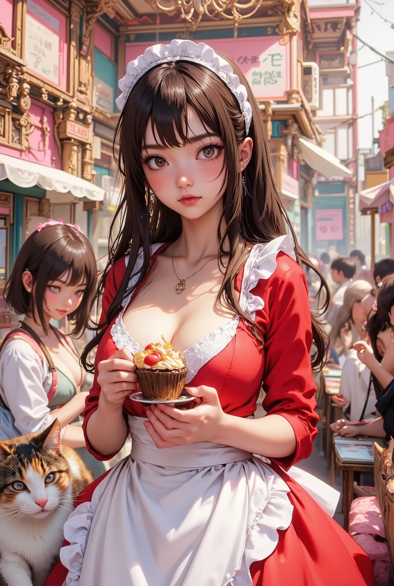 score_9, score_8_up, super realistic depiction, high resolution, masterpiece, highest image quality, high definition, 4K quality, 8K quality, beautiful girl, japanese, twenty years old, sexy maid, (((brown hair))), long hair, white headband, (((smile shyly:1.6))), (((shy look))), stare, long eyelashes, (((big brown eyes))), blush, pink lip, (((tilt one's head:1.4))), (((red and white french maid costume:1.4))), (((holding cake and coffee cup in hand:1.4))), (((Pastel colored maid cafe:1.4))), (((Inside the store is lively with female customers))), (((A calico cat and a white cat are lying down))), chandelier