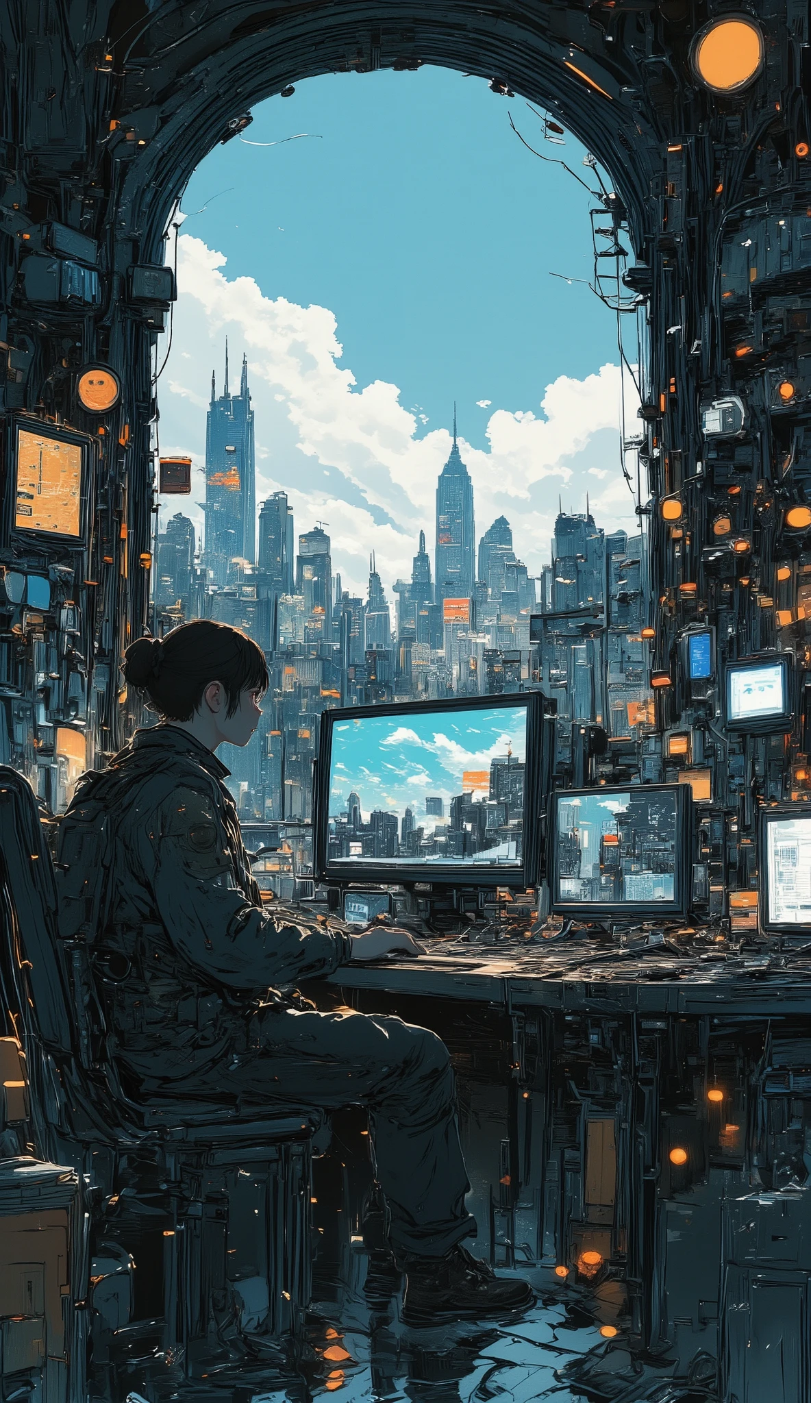 There's a person sitting in front of a computer in a room, cyberpunk art inspired by Josan Gonzalez, in a city with a fire , Computer Art, Joe Gonzalez and dan mumford, game cover art, detailed cyberpunk illustration , Beeple masterpiece, Joe Gonzalez , game cover , greg Beeple, Beeple!!, video game style