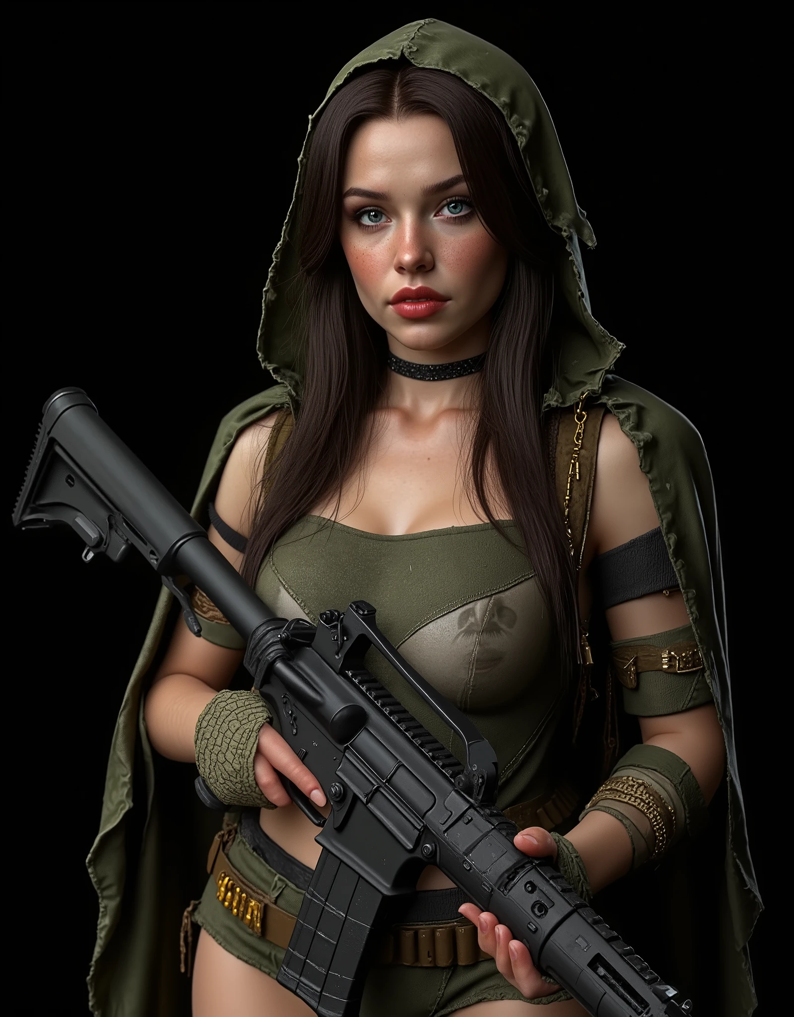 high quality image, full image from head bust to waist, 8k,4k, raytracing, of a beautiful woman, dystopian futuristic mercenary, wears a long black hooded cape, torn and tattered, the cape flutters in the wind which allows you to see the magnificent figure of the woman with her complete and fitted lightweight futuristic jungle camo combat suite, light chest armor, worn and tattered jungle camo tactical military suite, the hood is on her head which partially hides her beautiful face. perfect and exotic face. The cape and hood are very worn and frayed. Black hair, very detailed and very long and straight, long hair down to her tits, disheveled hair, huge sagging tits, anatomically correct tits, very disheveled and with bangs, very expressive and inquisitive dark blue-gray eyes, thick, moist, pink, half-open lips with a gorgeous smile, piercings, tattoos and jewelry, she smiles calmly and relaxed at the camera, long eyelashes, she is wearing an advanced light infiltration and assault combat suite with medium armor on the chest. She wields an AR15 assault submachine gun with an X4 reflex sight and silencer. Very detailed assault submachine gun in her camo-colored hands with dark green details. On her arms, bandages wrapping them up to the forearm. Mysterious and beautiful, the woman looks at the viewer. dark black wide belt with large tactical buckle, extra ammo and grenades on the belt.she is in shape.silver chain around her neck.chains surrounding her forearms, dark red elbow-length reinforced tactical gloves with black details. black tactical elbow pads, black latex tactical pants, highly detailed black leather high boots.she is on her side in lateral foreshortening.very sensual and suggestive. The woman's appearance is very sensual and exciting.it provokes attraction.gorgeous and sexy at the same time.A true wild beauty.image framed in the camera.dynamic and aggressive pose.pure black background ideal for wallpaper.dark and moody lighting,cinematic composition,high