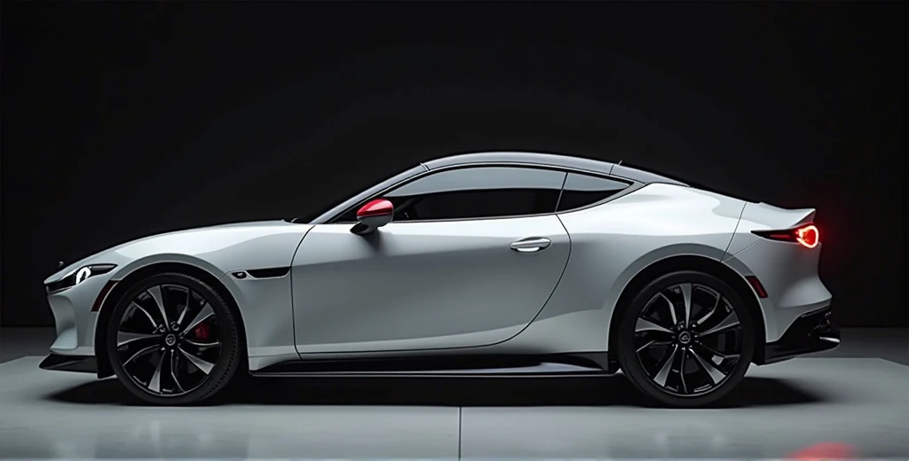 A captivating sides view of a the new 2026 Mazda ez 6) gray Taking center stage in a luxurious white The futuristics black lights showroom, vibrant exterior gleams and shine, showcasing it's sleek, aerodynamic design and bold