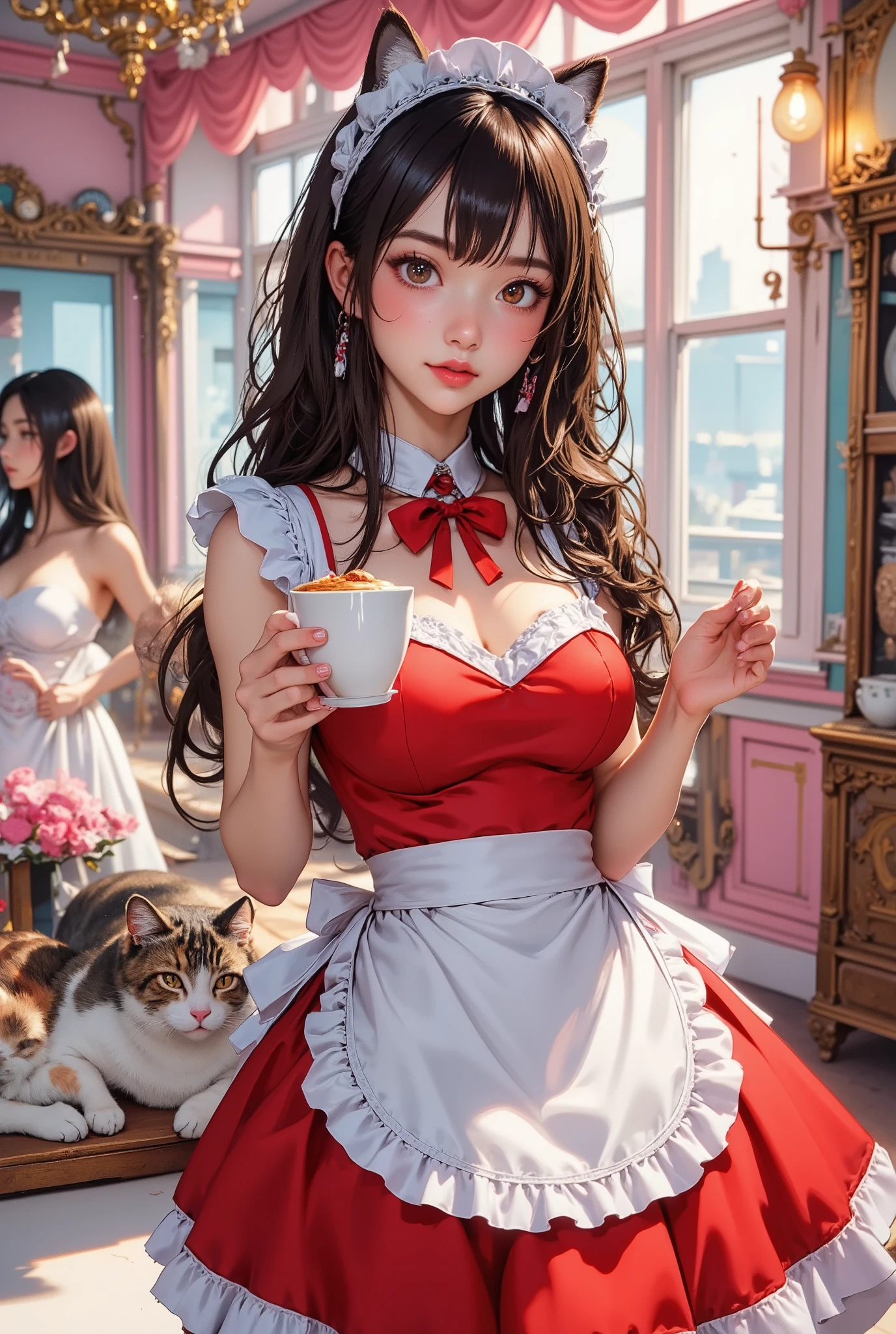 score_9, score_8_up, super realistic depiction, high resolution, masterpiece, highest image quality, high definition, 4K quality, 8K quality, beautiful girl, japanese, twenty years old, sexy maid, (((brown hair))), long hair, white headband, (((smile shyly:1.6))), (((shy look))), stare, long eyelashes, (((big brown eyes))), blush, pink lip, (((tilt one's head:1.4))), (((red and white french maid costume:1.4))), (((holding cake and coffee cup in hand:1.4))), (((Pastel colored maid cafe:1.4))), (((Inside the store is lively with female customers))), (((A calico cat and a white cat are lying down))), chandelier
