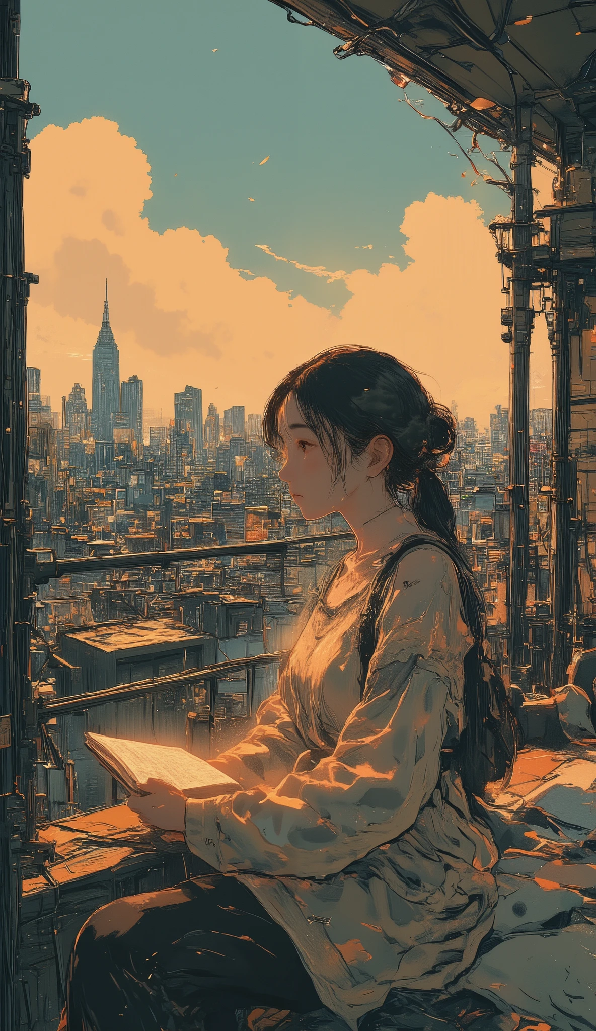 Anime girl reading a book on a balcony with city views, Lofi Girl , Anime aesthetics, Lofi Girl aesthetic, Tokyo Anime Scene , anime atmosphere , Girl Sitting on the Rooftop , Lofi Artstyle, Lofi Art, lofi feel, Anime aesthetics, An atmosphere of praise, An expressive collarbone overlooking , lo-fi theme , Lo-fi art