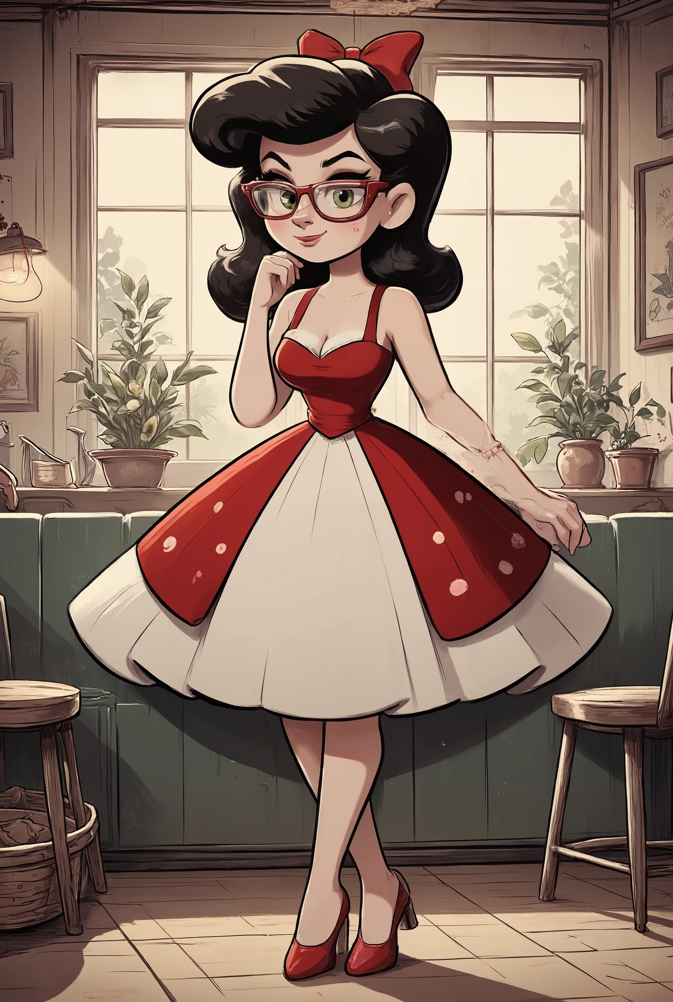 A woman with fair complexion, dark brown curly hair, gray green blue eyes, and rosy cheeks. She's wearing a rockabilly vintage 50s themed dress with petticoats. There's a cherry pattern on her clothes. She's wearing cat-eye glasses and mary jane shoes.