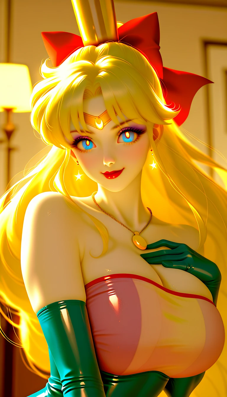 Sailor Moon basks in a cascading aura of mystical enchantment, radiating vibrant waves of magical energy. She gracefully utters the incantation, channeling the Armor of Love, whose bewitching design reveals a hint of audacious sensuality while remaining tastefully suitable for work. As the transformative energy envelops her, Sailor Moon's face flushes with comical embarrassment at the sight of her scantily-clad attire. To preserve her modesty, she tries to adjust the revealing outfit without compromising its enchanting allure. The Armor of Love accentuates her feminine grace, enhancing her ethereal beauty as soft silhouettes of delicate lace and shimmering ribbons adorn her slender figure. Her eyes sparkle with a mix of determination and vulnerability, reflecting the duality of her courageous spirit. The scene is bathed in a soft glow, casting a warm and romantic ambiance that enhances the charm and elegance of Sailor Moon's transformation. The colors, vibrant yet soothing, blend harmoniously, evoking a sense of whimsy and wonder. The scene is illuminated by a gentle, natural lighting that accentuates the delicate features of Sailor Moon's face as well as the intricate details of her outfit. The background showcases a dreamy landscape of sparkling stardust and celestial elements, resonating with the magical universe she embraces. This masterpiece resonates with best quality, allowing viewers to immerse themselves in the exquisite artistry, ultra-detailed craftsmanship, and vivid colors that bring Sailor Moon's transformation to life.
