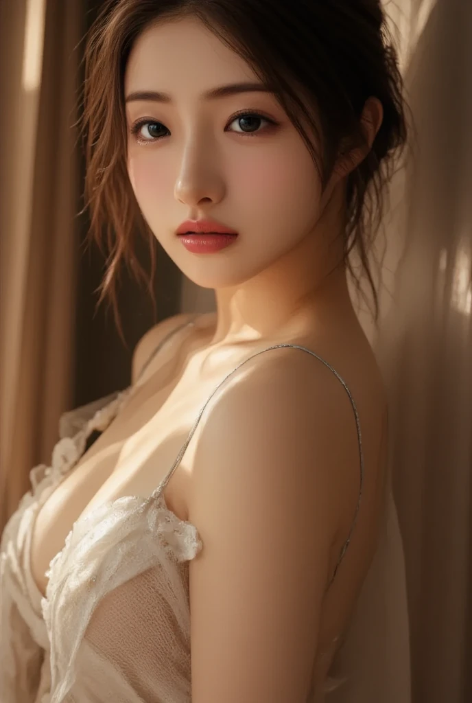8K、top-quality、masterpiece、超A high resolution、a picture、beautiful korean female、Elegance、ample cleavage、Moist beauty、The eyes are far away、Transparent atmosphere、Beautiful face、Raised corners of the mouth、Gradient lighting、1girl in、Delicate skin、Look into the distance、Brown-eyed、puffed breasts、(realisitic:1.4)、(top-quality:1.0)、(超A high resolution:1.0)、8K、Raw photography、(pureerosface_v1:0.5), camera from above, wearing opened kimono, almost naked, waiting for you to have sex with her, lying on bed with aroused face, nsfw