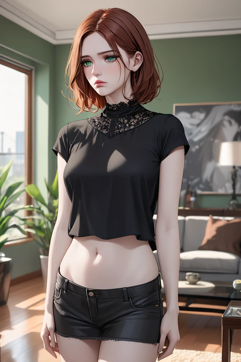 (masterpiece, best quality, 8k, high definition), whole body, woman, neck-length auburn hair, mid-chest, soft green eyes, soft lips, pale skin, beautiful face, wearing black blouse, natural light, detailed background, Detailed Illustration Art, standing in a modern living room, sad, mourning, regret, focus on upper body, woman who is sad because someone died
