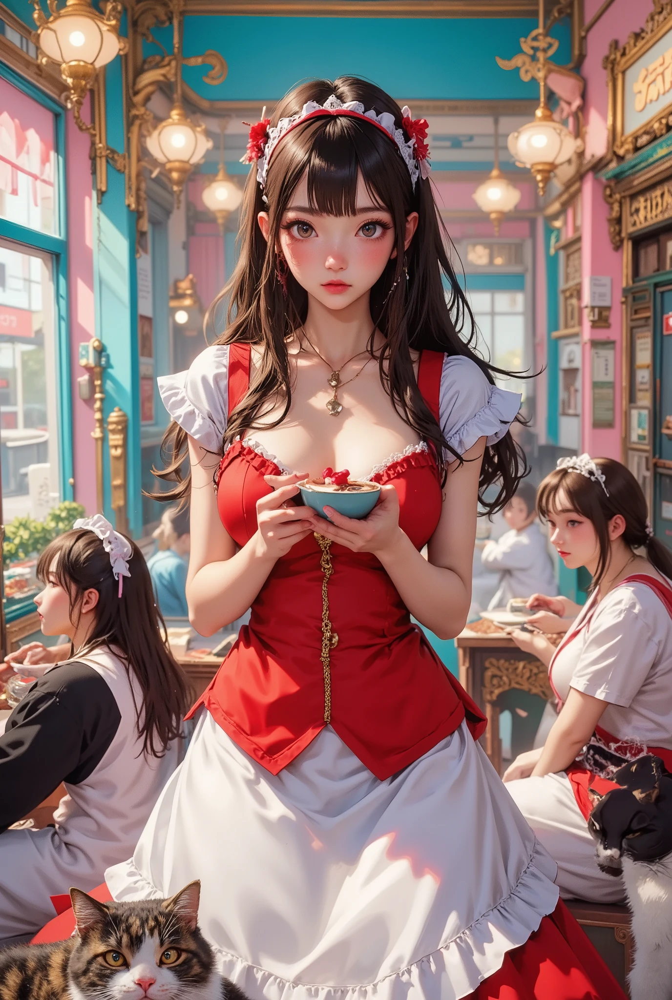 score_9, score_8_up, super realistic depiction, high resolution, masterpiece, highest image quality, high definition, 4K quality, 8K quality, beautiful girl, japanese, twenty years old, sexy maid, (((brown hair))), long hair, white headband, (((smile shyly:1.6))), (((shy look))), stare, long eyelashes, (((big brown eyes))), blush, pink lip, (((tilt one's head:1.4))), (((red and white french maid costume:1.4))), (((holding cake and coffee cup in hand:1.4))), (((Pastel colored maid cafe:1.4))), (((Inside the store is lively with female customers))), (((A calico cat and a white cat are lying down))), chandelier