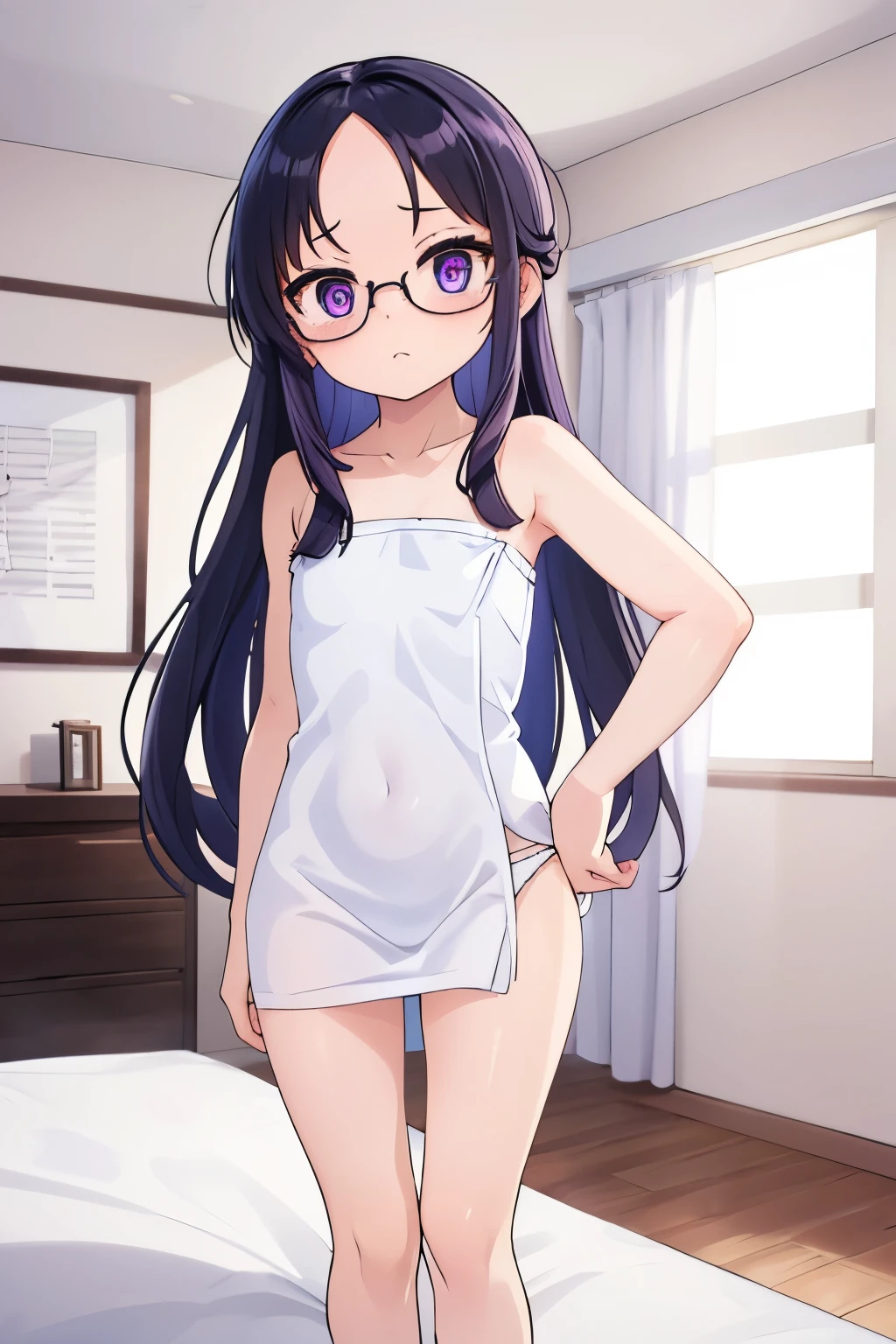 highest quality, masterpiece, High resolution, alone, {direct_Minami_It's camping:1.15}, length_hair, 前hair, Glasses, thick_Eyebrow, black_hair, Brown_hair, , 1 girl, round_glasses,1girl,masterpiece, expensive quality, very_expensive_solve, big_file size, full color,(completely nude:1.2),pussy,niplles,bed room,flat chest,( kid),bed room,