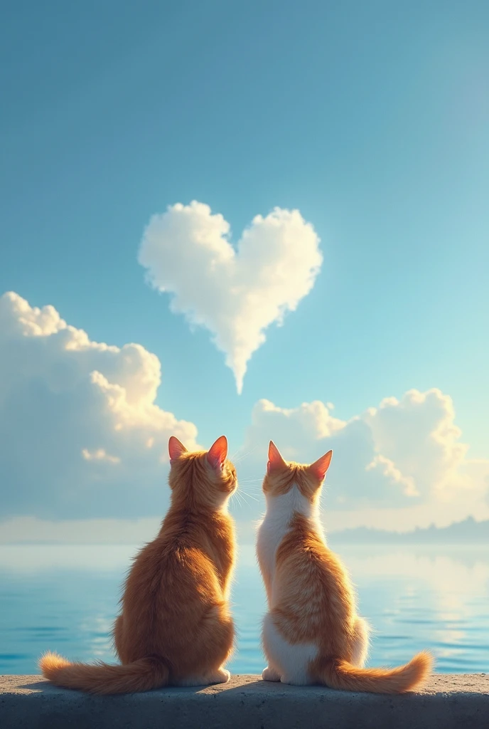 A ray of cloud in the sky, (super realistic, top quality, masterpiece),
2 cats, sitting on a breakwater, looking up at the sky, back view, a ray of cloud in the blue sky, cloud in the shape of a heart,
Very careful description, very high resolution photo, great focus, great bokeh. the most beautiful photo in the world, great camera work, dynamic camera work, great angle, very beautiful lighting.
