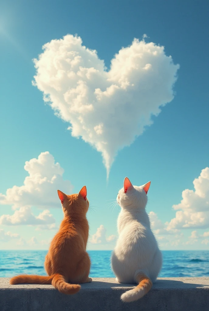 A ray of cloud in the sky, (super realistic, top quality, masterpiece),
2 cats, sitting on a breakwater, looking up at the sky, back view, a ray of cloud in the blue sky, cloud in the shape of a heart,
Very careful description, very high resolution photo, great focus, great bokeh. the most beautiful photo in the world, great camera work, dynamic camera work, great angle, very beautiful lighting.
