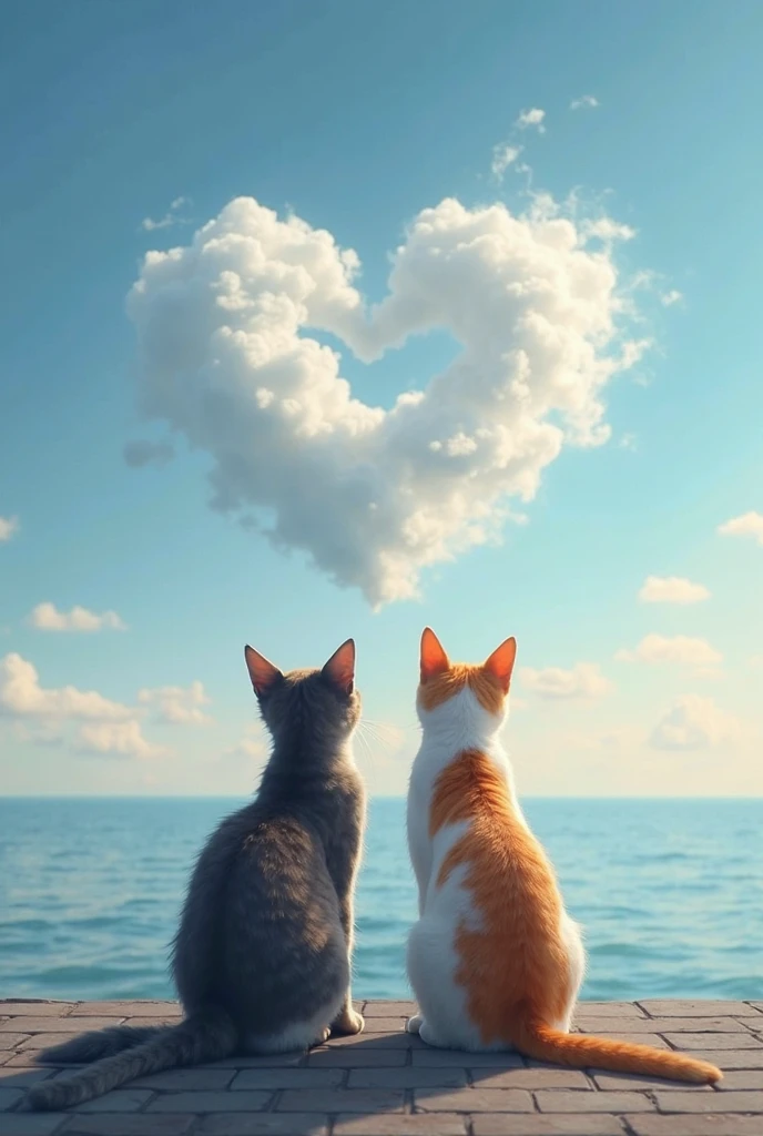 A ray of cloud in the sky, (super realistic, top quality, masterpiece),
2 cats, sitting on a breakwater, looking up at the sky, back view, a ray of cloud in the blue sky, cloud in the shape of a heart,
Very careful description, very high resolution photo, great focus, great bokeh. the most beautiful photo in the world, great camera work, dynamic camera work, great angle, very beautiful lighting.
