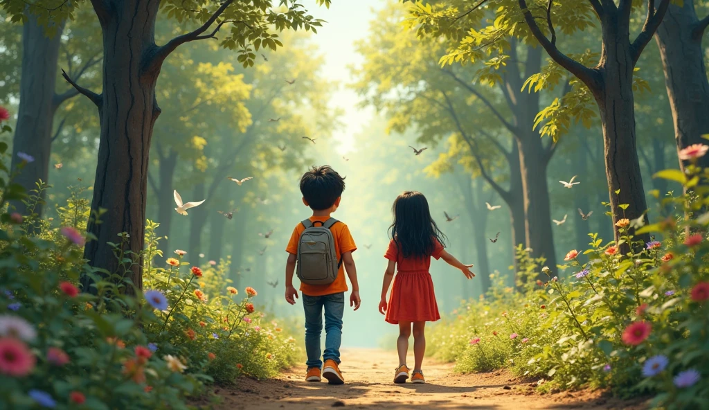 There are two children, a 5-year-old boy and the 2-year-old girl in 3D, standing in the middle of the road in the background, a forest with beautiful flowers;, tudo em 3D limpo