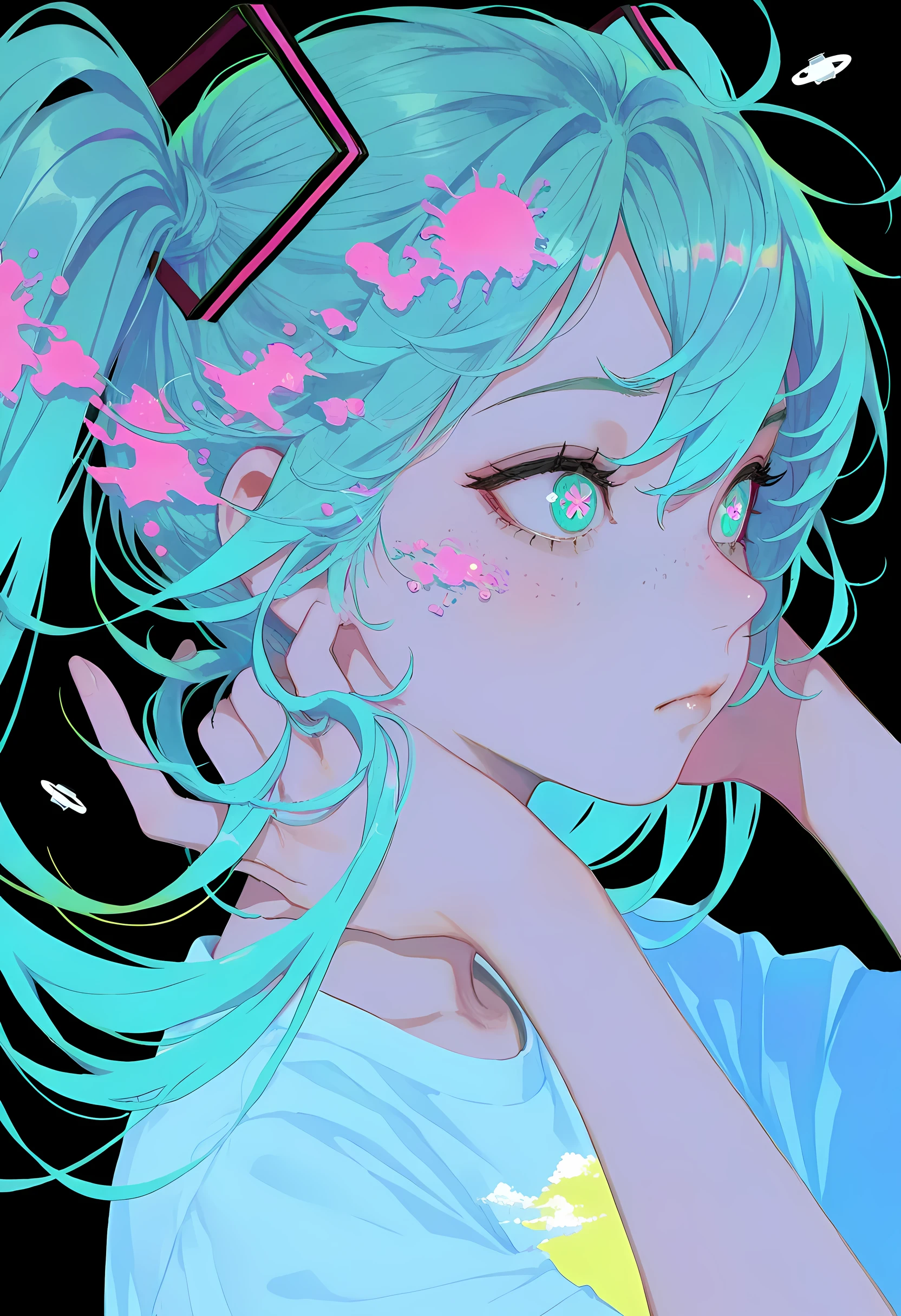 celestihan,blending, flat color, no lineart, negative space, artist:[john kafka|ponsuke kaikai|hara id 21|yoneyama mai|lam \(ramdayo\)], hatsune miku, space station, symbol-shaped pupils, close-up, raised eyebrow, from side, freckles, hand in own hair, t-shirt, black background, ultraviolet light, chromatic aberration, masterpiece, best quality, very awa, absurdres