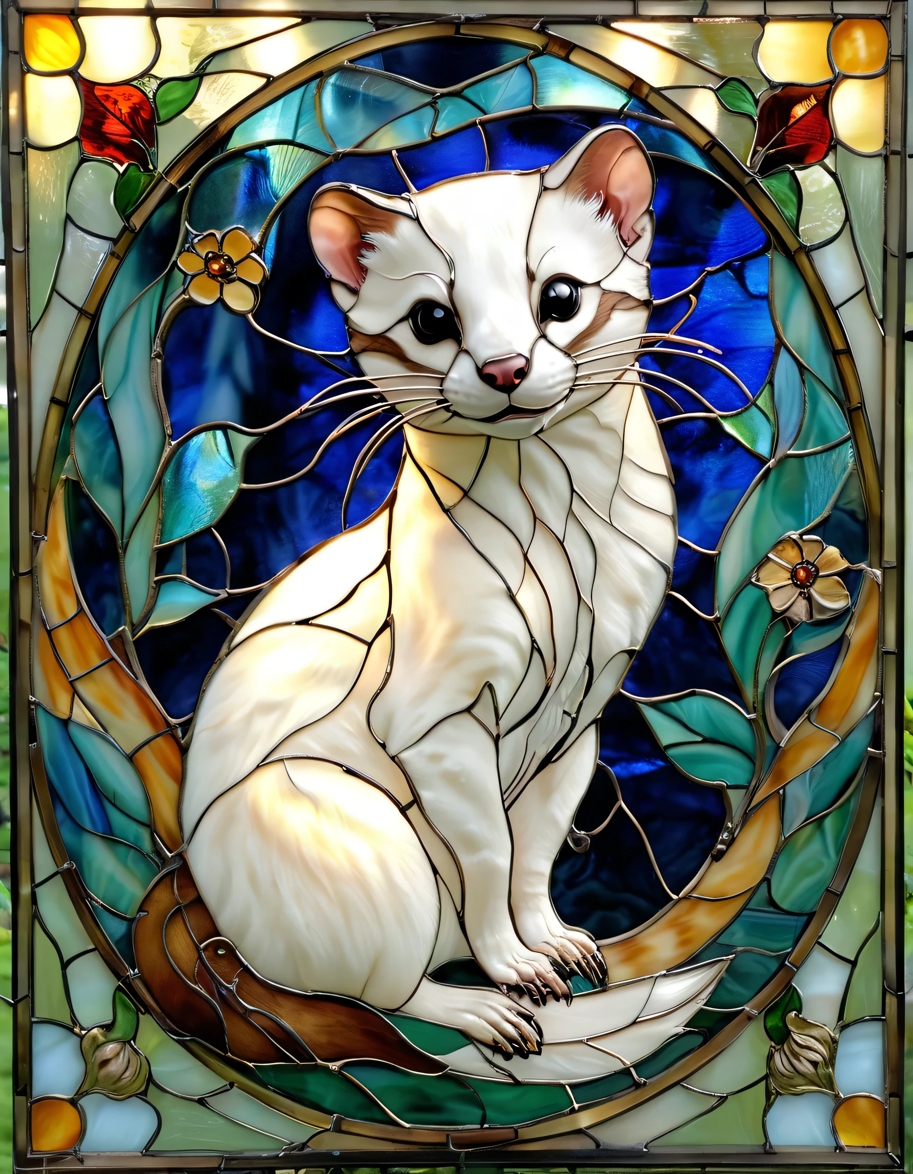 A beautifully designed stained glass artwork featuring an adorable, pure white ermine (stoat) sitting gracefully and facing forward. Its big, expressive eyes give it a charming and innocent look. The fur is depicted in bright, pristine white, contrasting elegantly with the colorful stained glass background. Surrounding the ermine are intricate floral and nature-inspired patterns in soft blues, greens, and golds, enhancing the magical and elegant atmosphere. The glass pieces are detailed, with light shining through them, creating a warm and ethereal glow. The overall design is reminiscent of classic cathedral stained glass, with a harmonious blend of realism and artistic stylization.