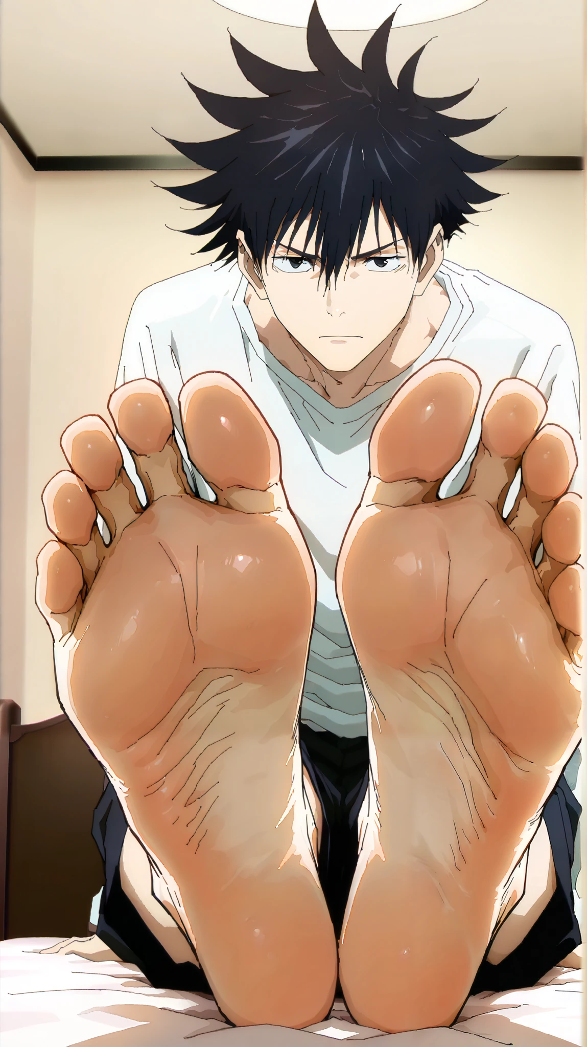 score_9, score_8_up,source_anime, adult version
1boy, alone, 1boy male focus, megumi_fushiguro, black hair, black eyes, spiked hair, short hair, bangs, hair between eyes, looking at viewer, official style, official art, male focus, solo,
indoor, japanese, looking at viewer, cowboy shot, anime screencap, anime coloring,barefoot,Perfect feet,Anatomically correct,soles,Focal length 35mm, Five toes,front,Symmetrical Soles,Foot Focus, in the bedroom, sitting on the bed, showing his soles toward us, low angle,
anime screencap, masterpiece, best quality, amazing quality, very aesthetic, official style,
1boy, solo, , barefoot, he is adult
,official style, barefoot, foot focus, looking at viewer, Alone, cowboy shot, anime coloring, Perfect feet,Anatomically correct,soles,Focal length 35mm, Five toes,front,Symmetrical Soles,
sitting with his feet prominently displayed toward the, He is barefoot, and the soles of his feet are the central focus of the image, appearing close-up.High Resolution, Best Quality, Accurate, no extra toes, gorgeous feet, no smile, Annoyed,